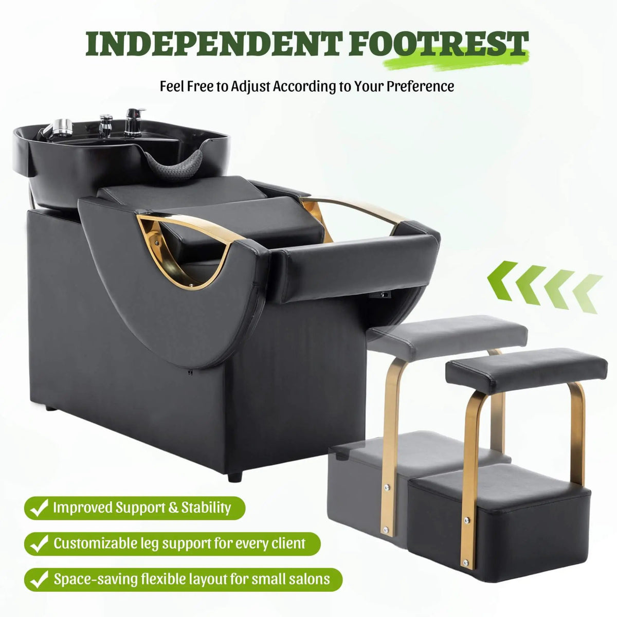 Salon Shampoo Bowl And Chair Set | Black And Gold Finish | Adjustable Footrest | Tilting ABS Sink