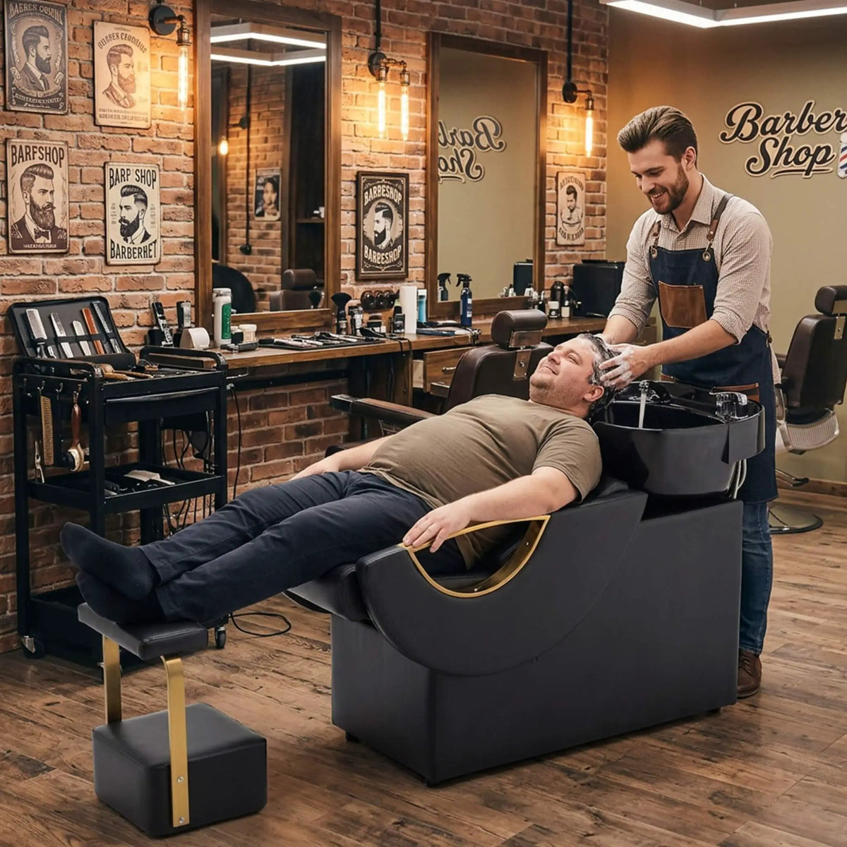 Salon Shampoo Bowl And Chair Set | Black And Gold Finish | Adjustable Footrest | Tilting ABS Sink