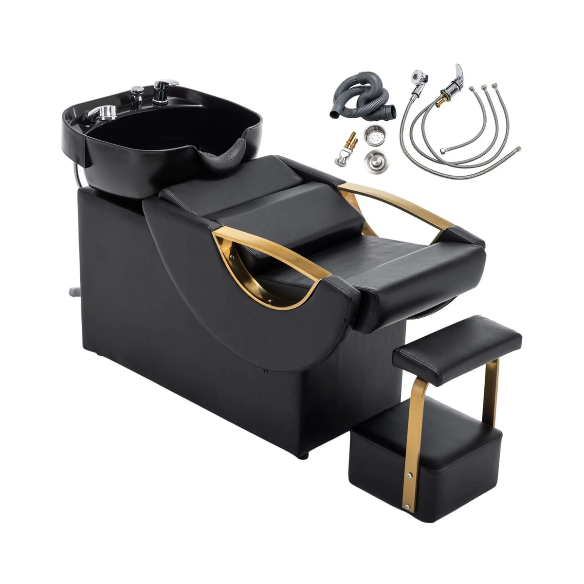 Salon Shampoo Bowl And Chair Set | Black And Gold Finish | Adjustable Footrest | Tilting ABS Sink
