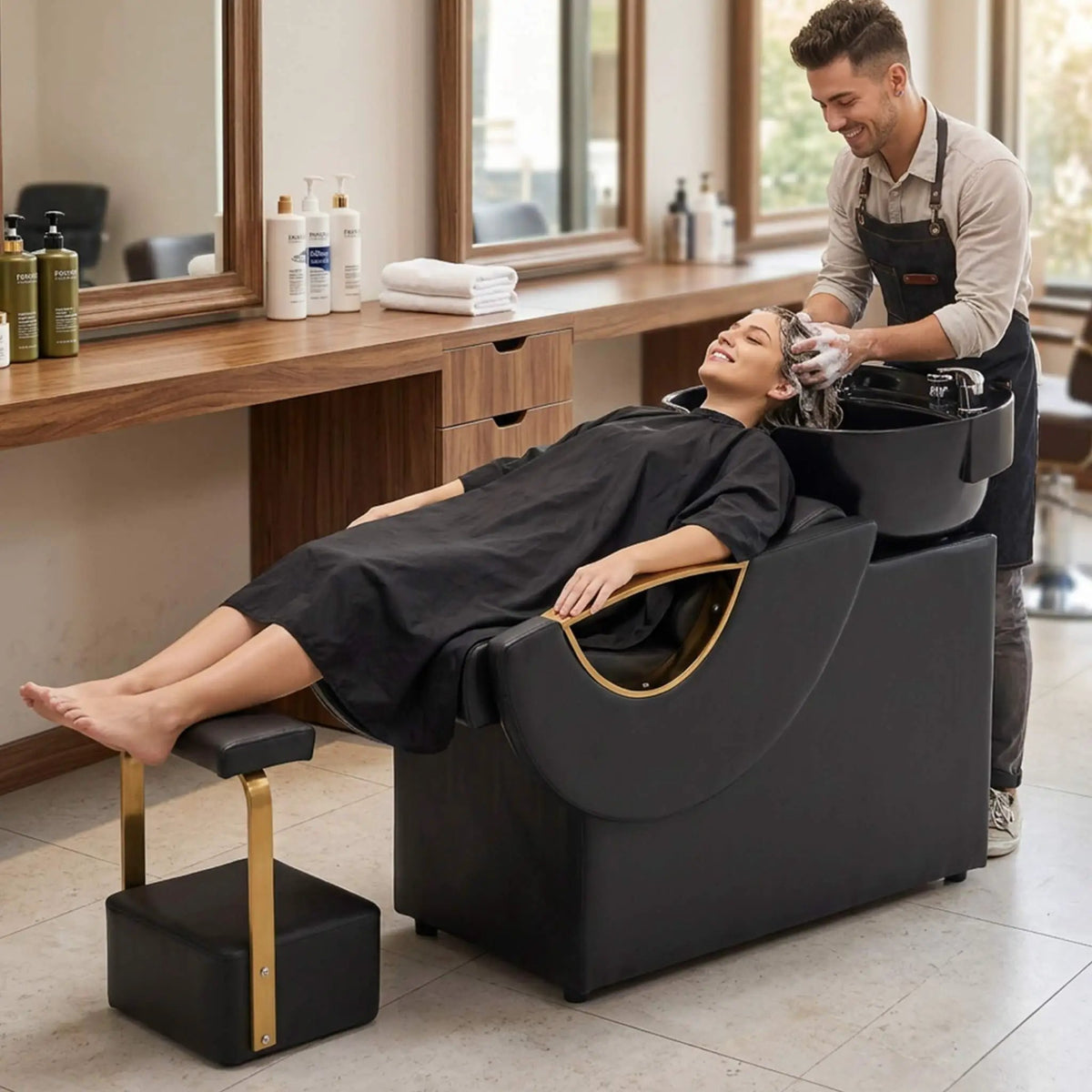 Salon Shampoo Bowl And Chair Set | Black And Gold Finish | Adjustable Footrest | Tilting ABS Sink