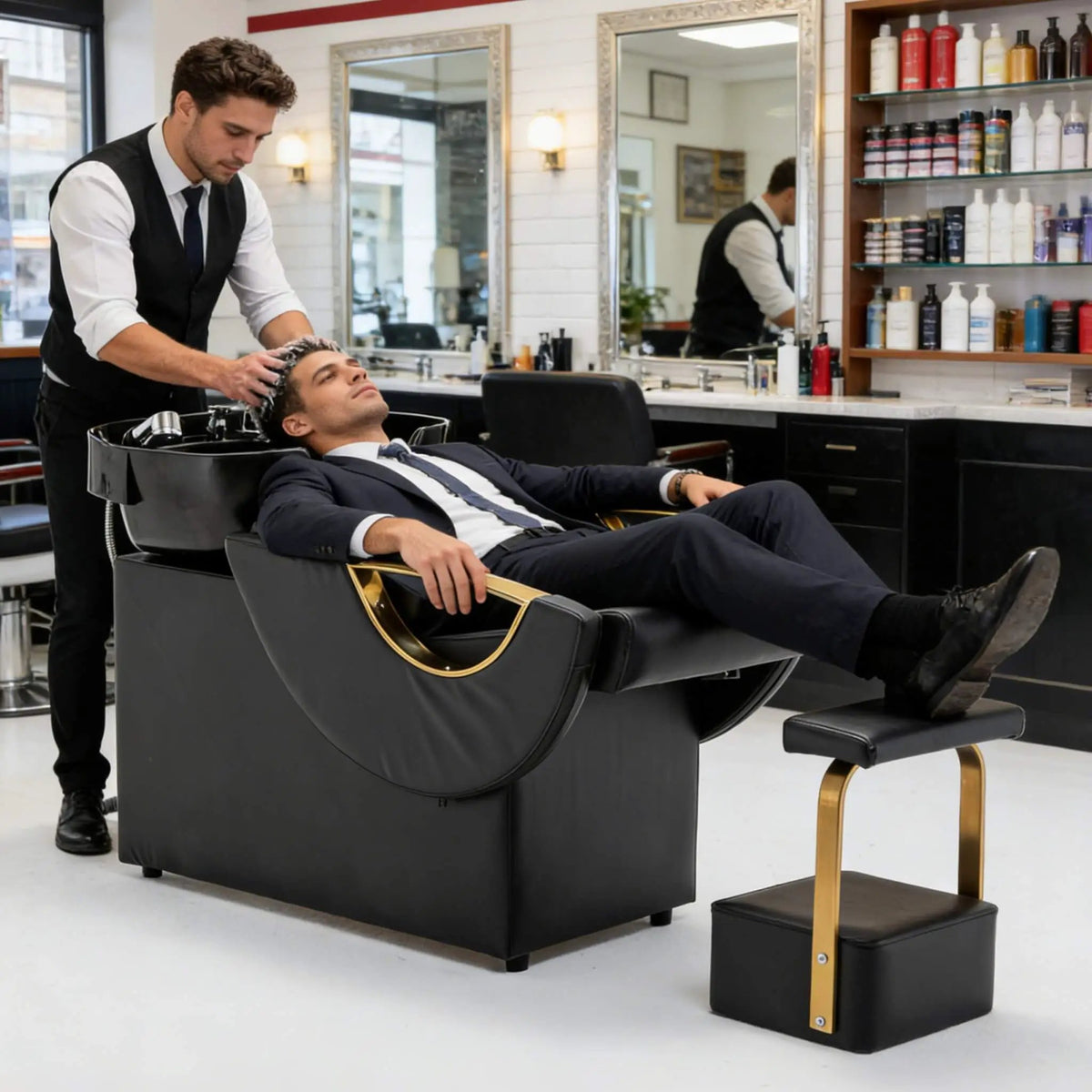 Salon Shampoo Bowl And Chair Set | Black And Gold Finish | Adjustable Footrest | Tilting ABS Sink