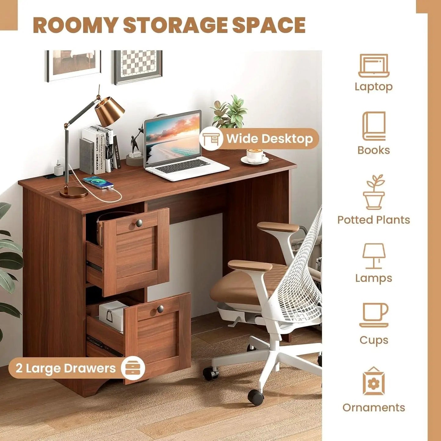 43 Inch Walnut Computer Desk With Charging Station from PriceLows™