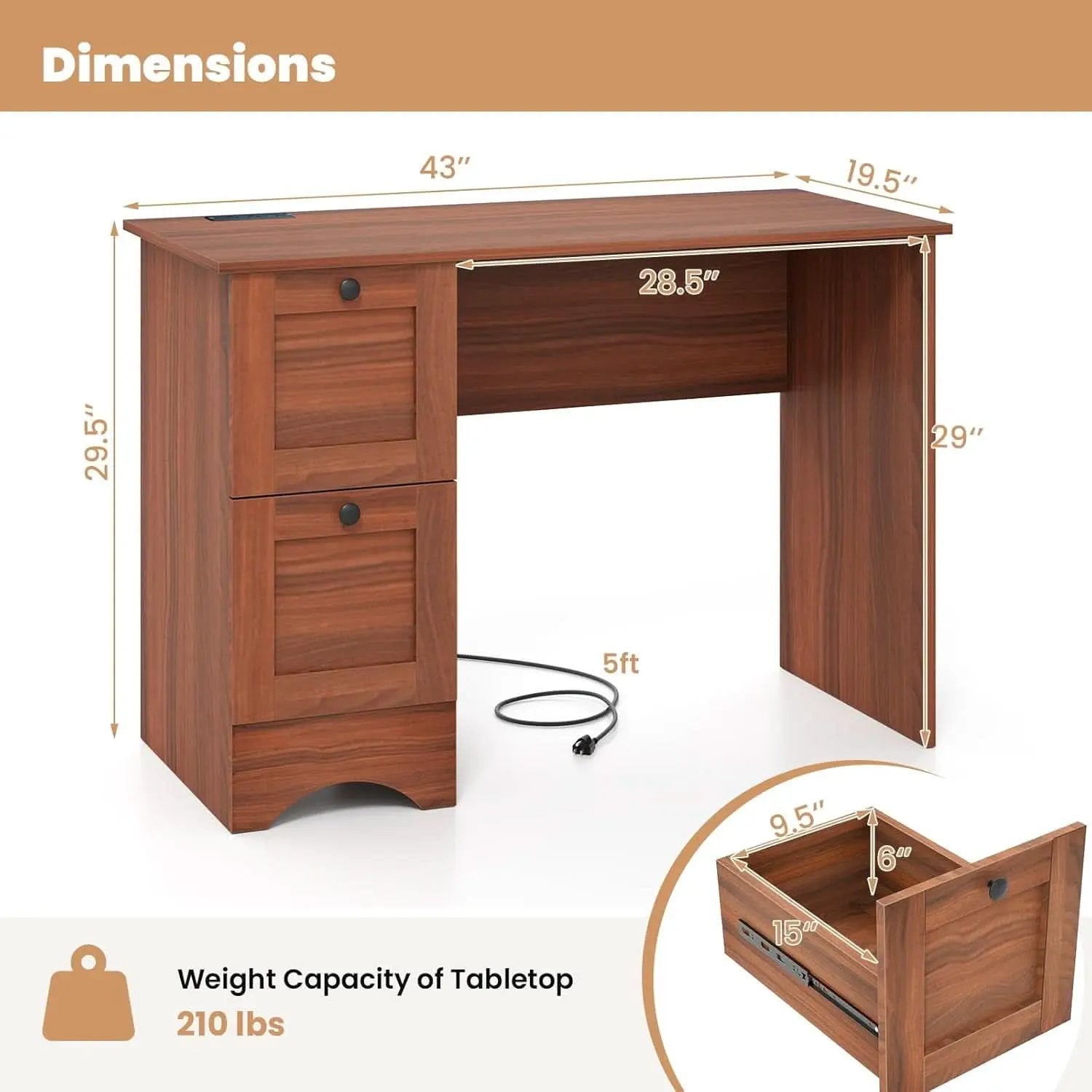 43 Inch Walnut Computer Desk With Charging Station from PriceLows™