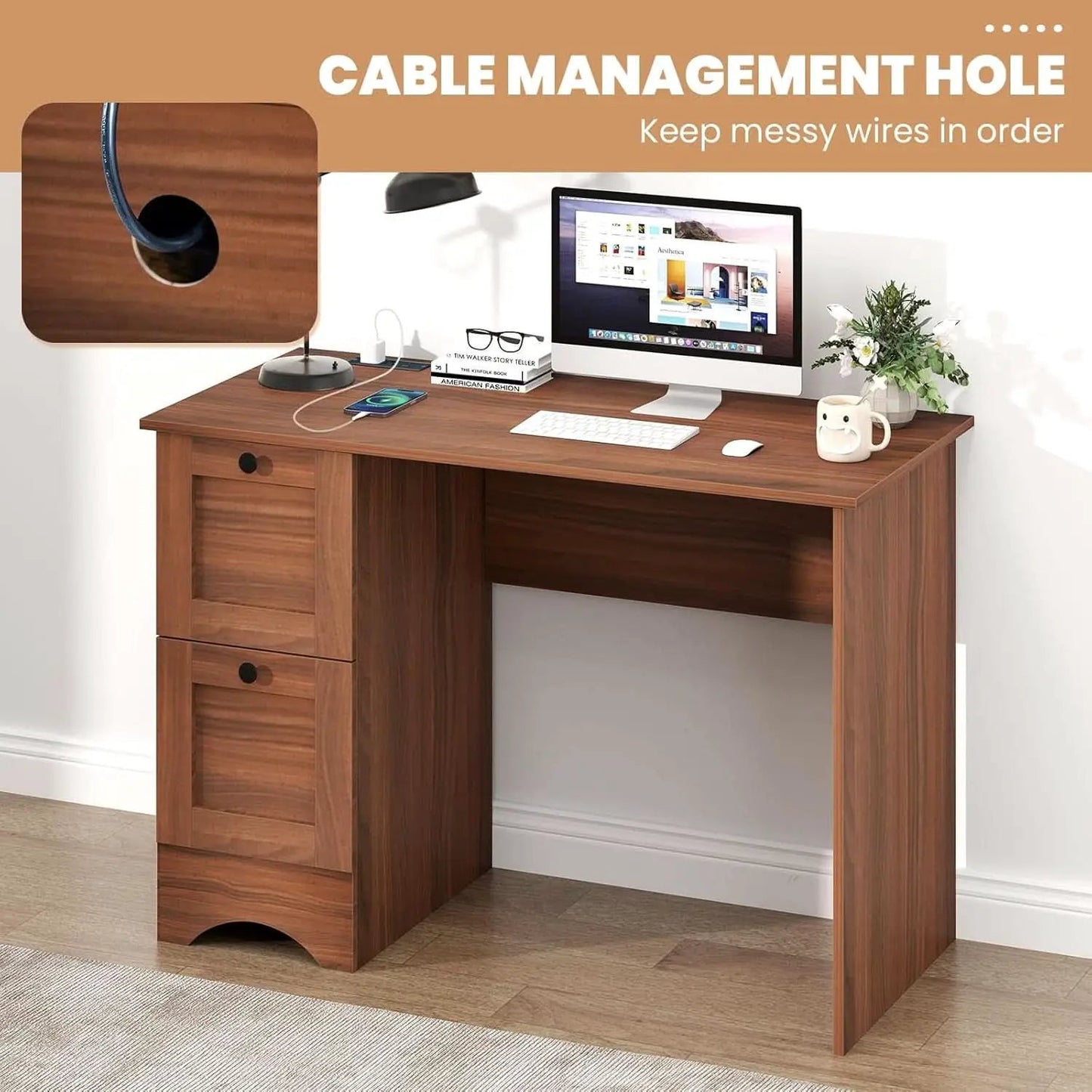 43 Inch Walnut Computer Desk With Charging Station from PriceLows™
