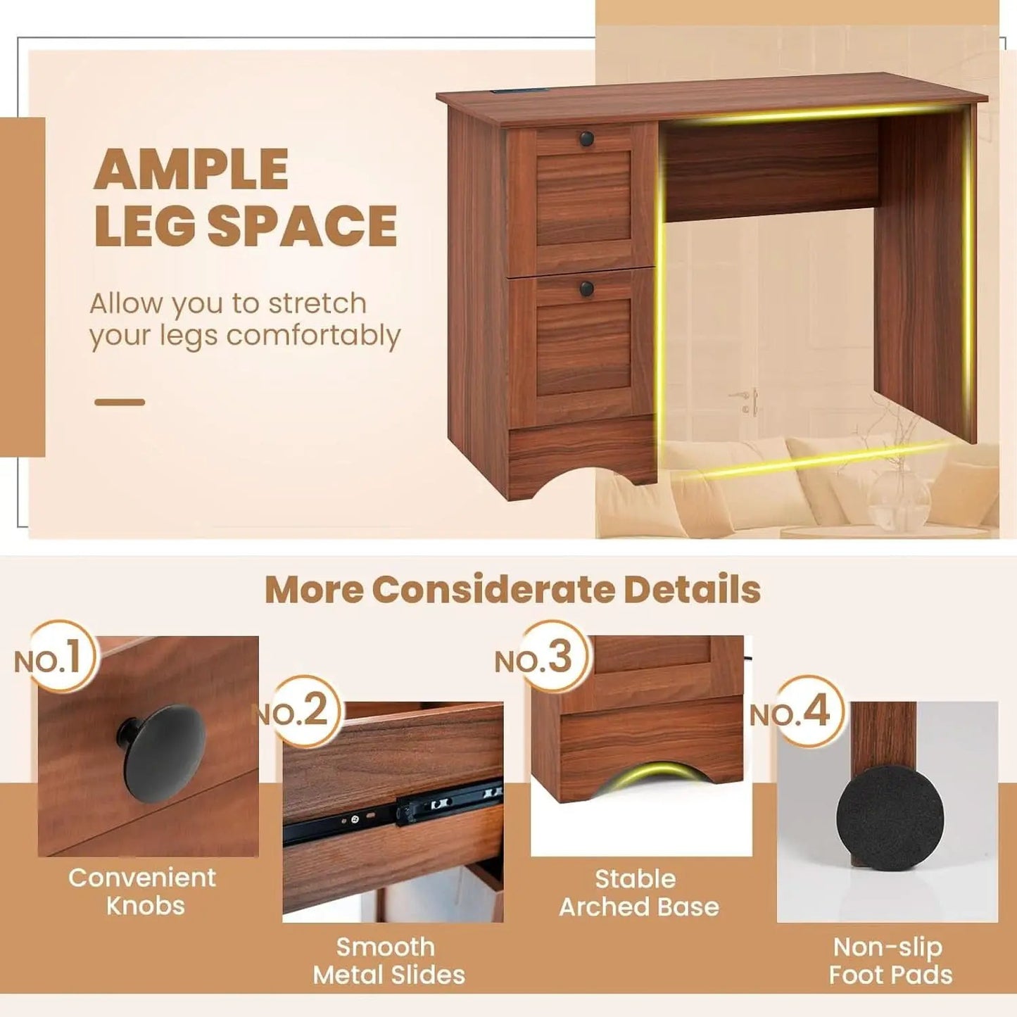 43 Inch Walnut Computer Desk With Charging Station from PriceLows™
