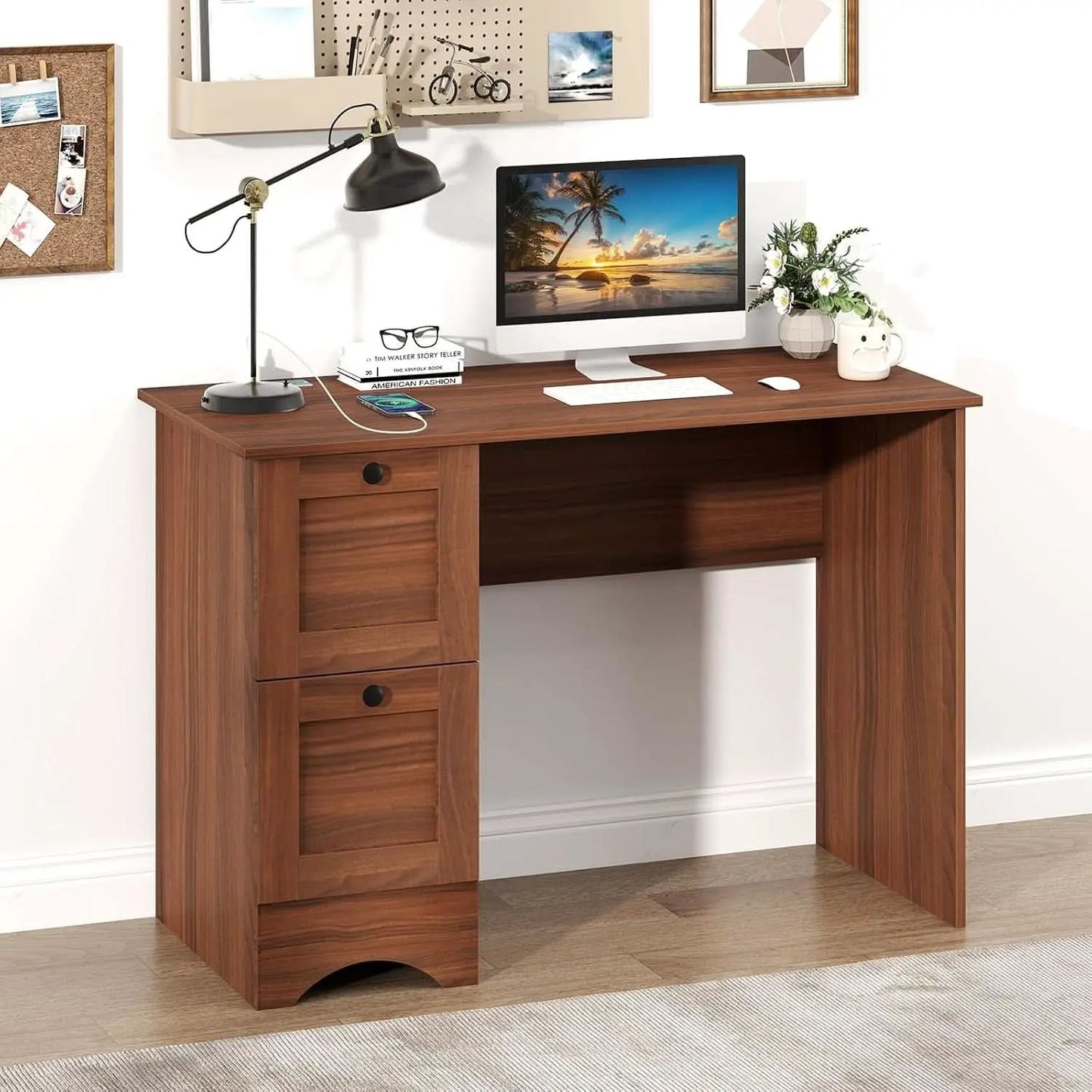 43 Inch Walnut Computer Desk With Charging Station from PriceLows™