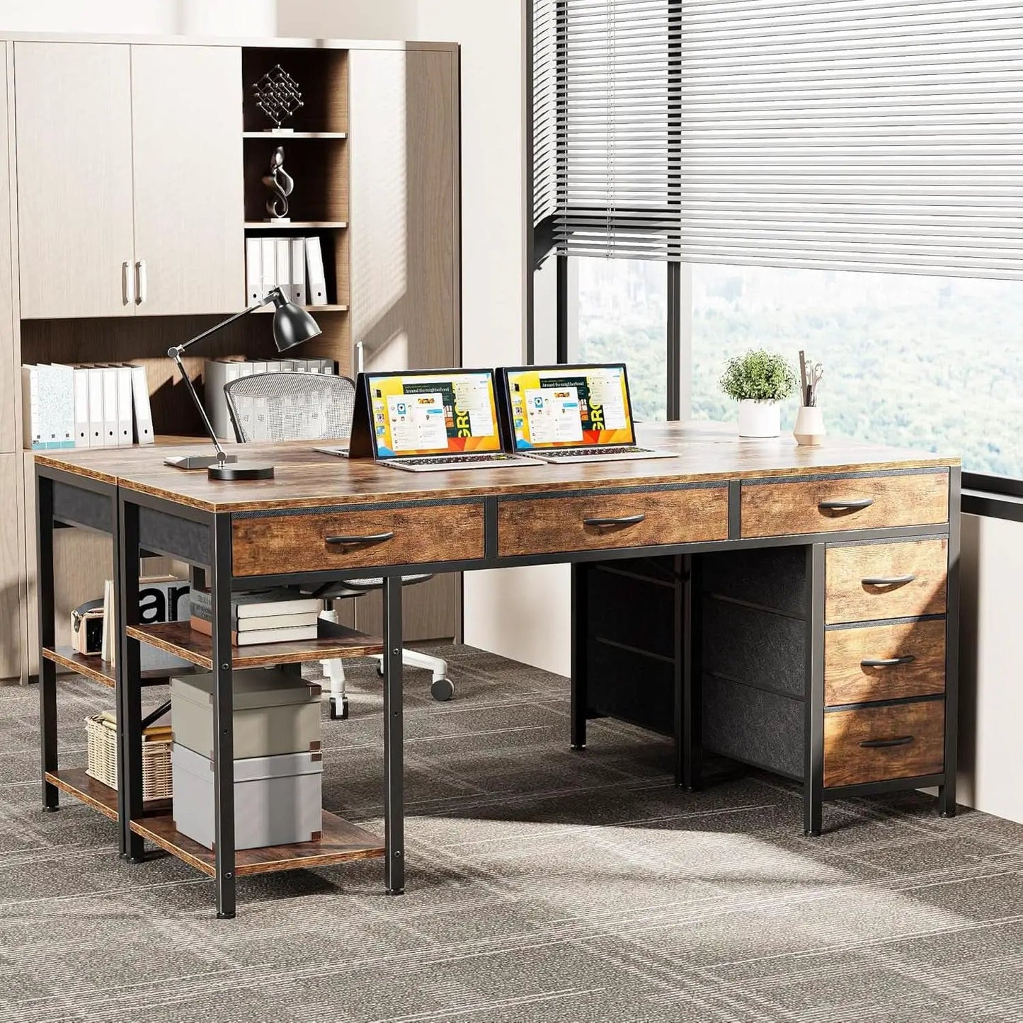 54 Inch Corner Computer Desk With 6 Drawers And Shelves Rustic Brown from PriceLows™
