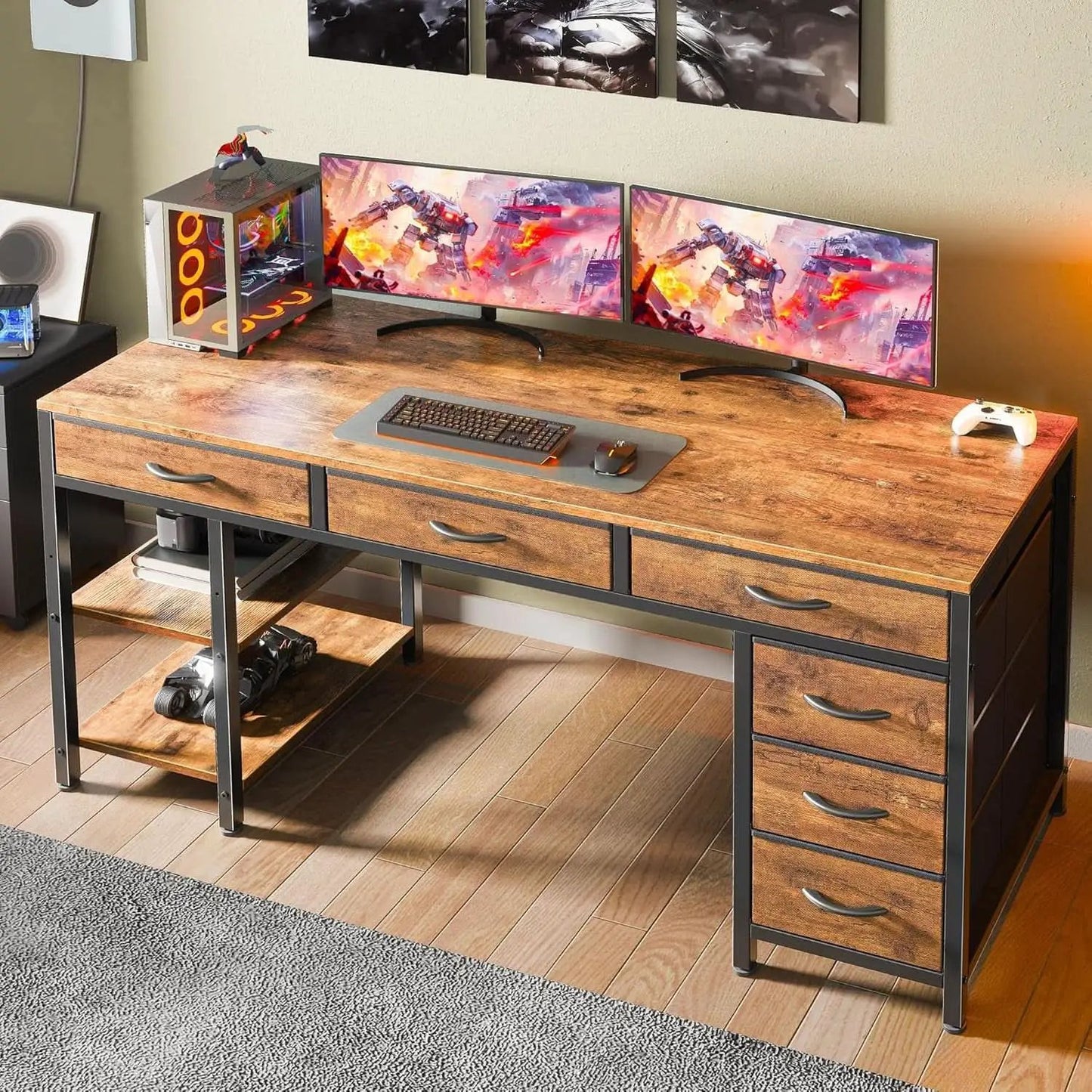 54 Inch Corner Computer Desk With 6 Drawers And Shelves Rustic Brown from PriceLows™