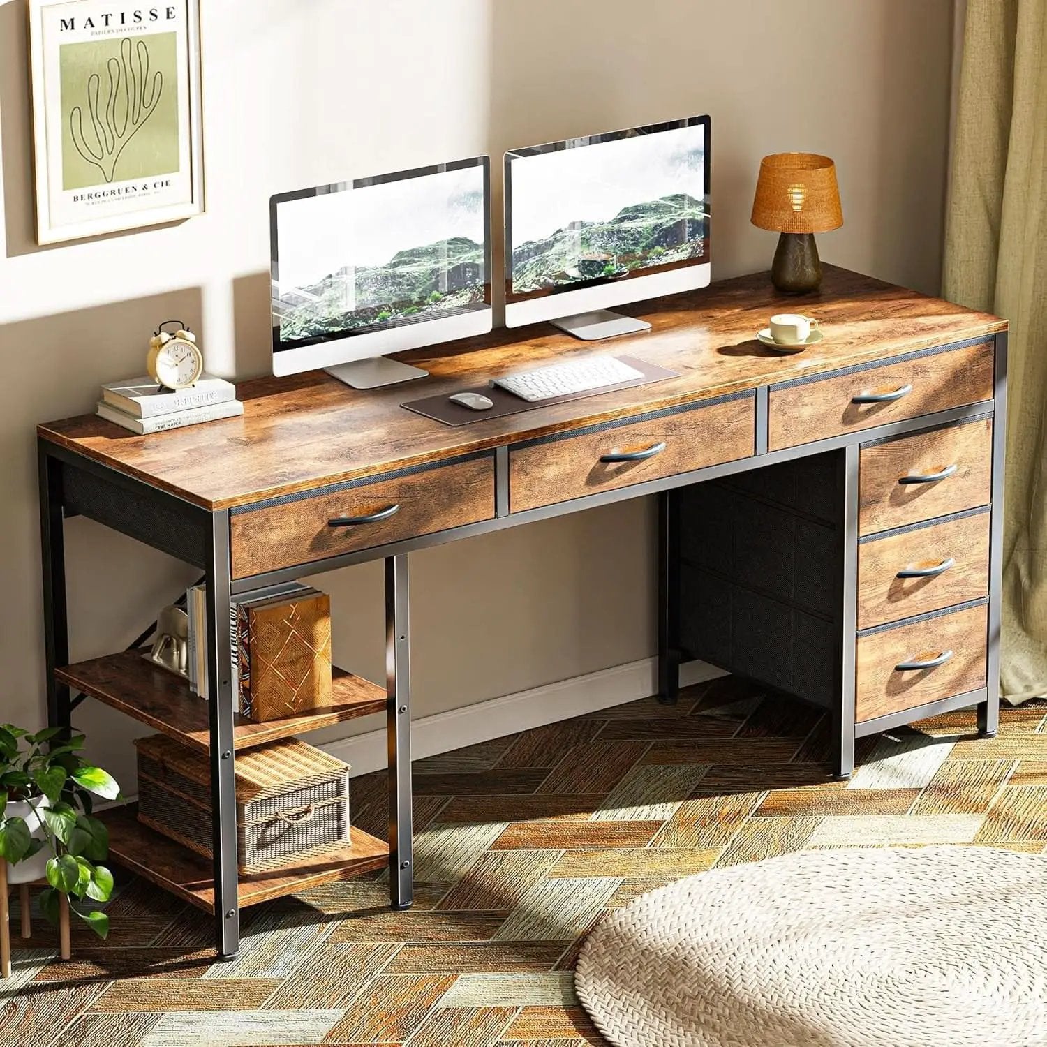 54 Inch Corner Computer Desk With 6 Drawers And Shelves Rustic Brown from PriceLows™