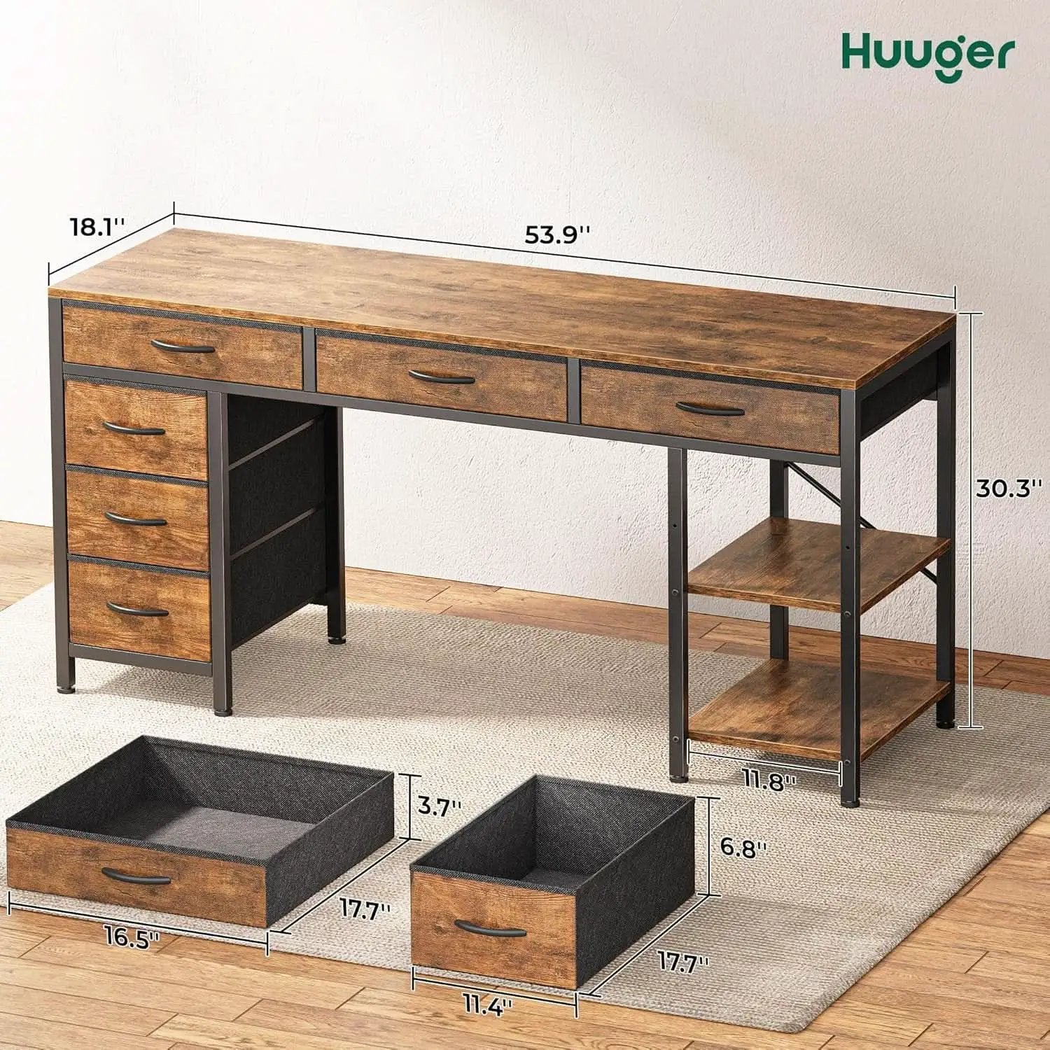 54 Inch Corner Computer Desk With 6 Drawers And Shelves Rustic Brown from PriceLows™