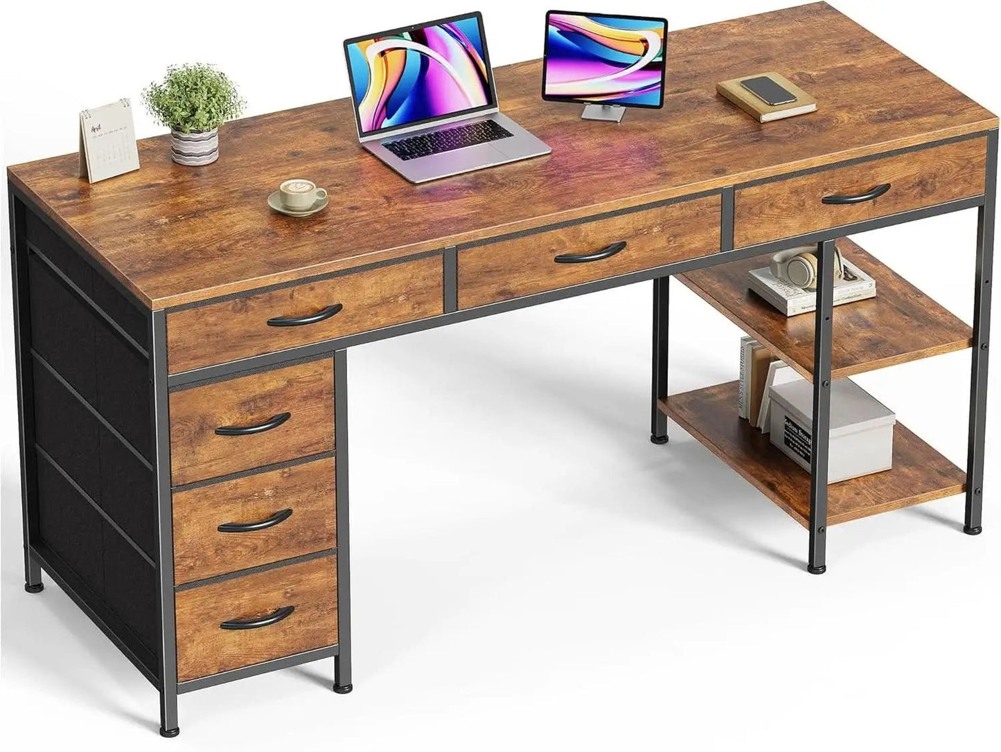 54 Inch Corner Computer Desk With 6 Drawers And Shelves Rustic Brown from PriceLows™