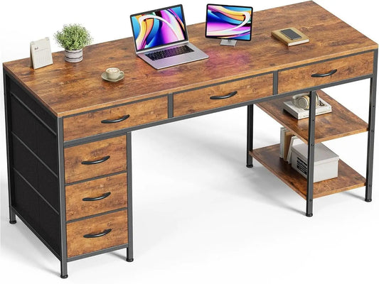 54 Inch Corner Computer Desk With 6 Drawers And Shelves Rustic Brown from PriceLows™