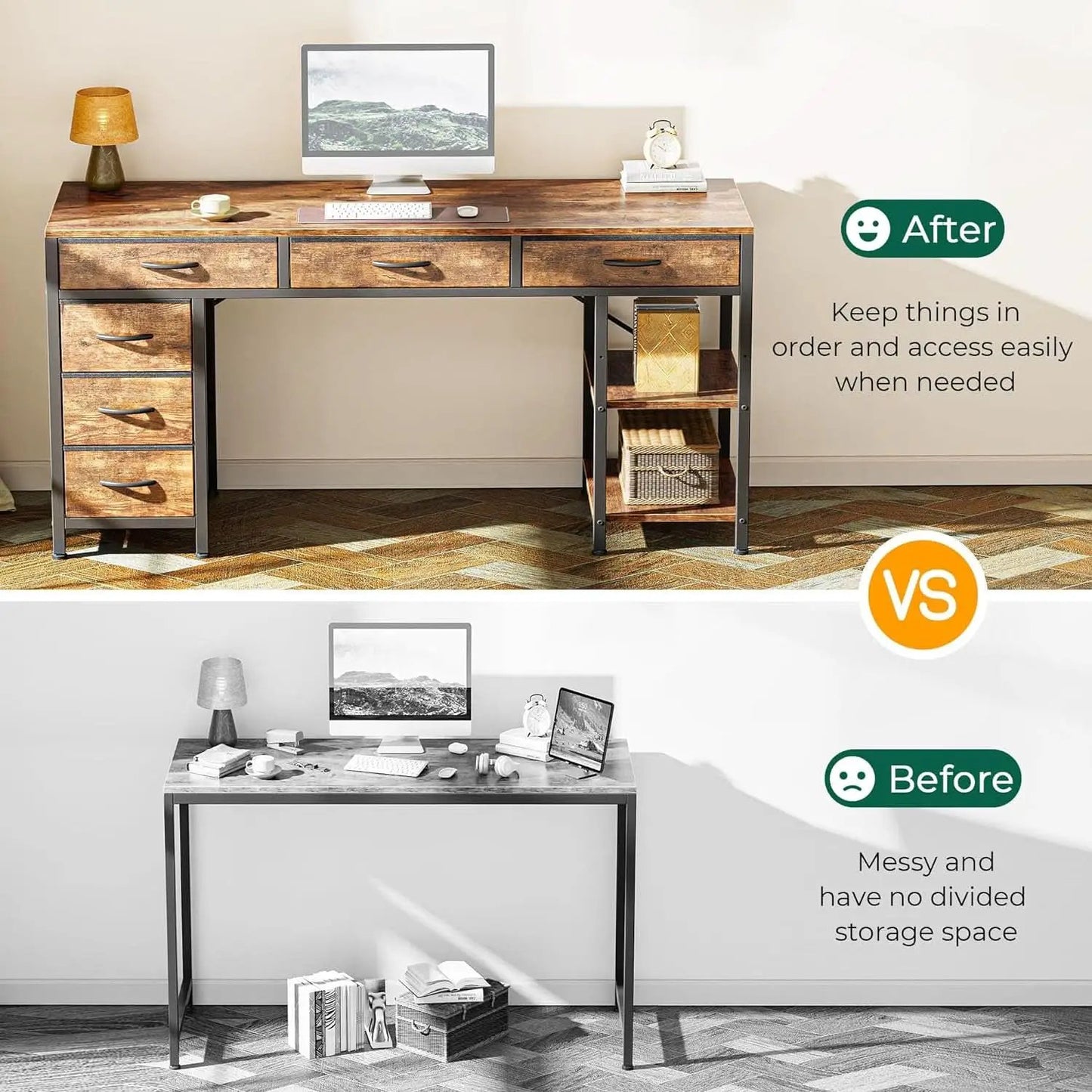 54 Inch Corner Computer Desk With 6 Drawers And Shelves Rustic Brown from PriceLows™