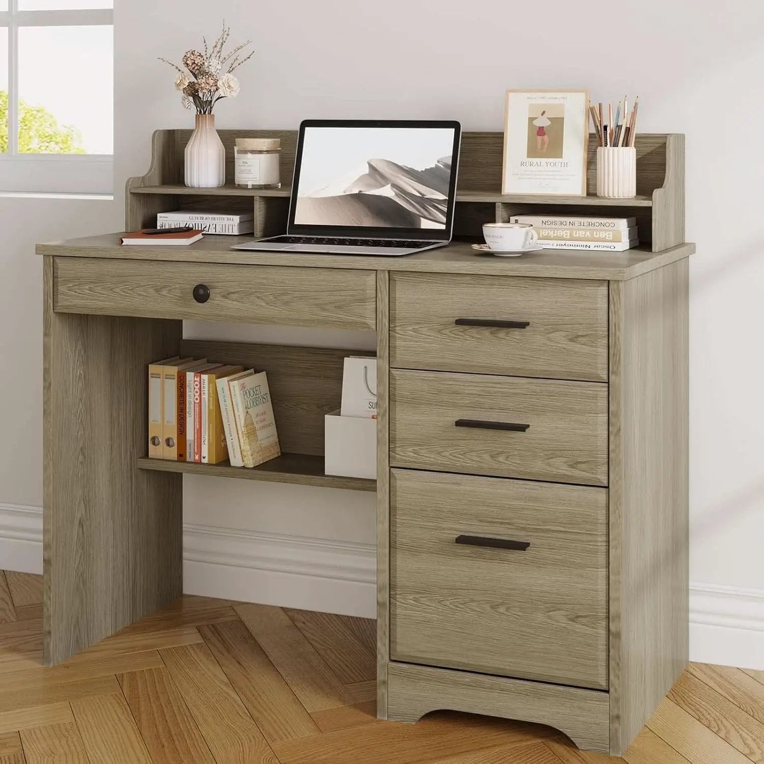 Grey Computer Desk With Drawers And Monitor Stand For Home Office from PriceLows™