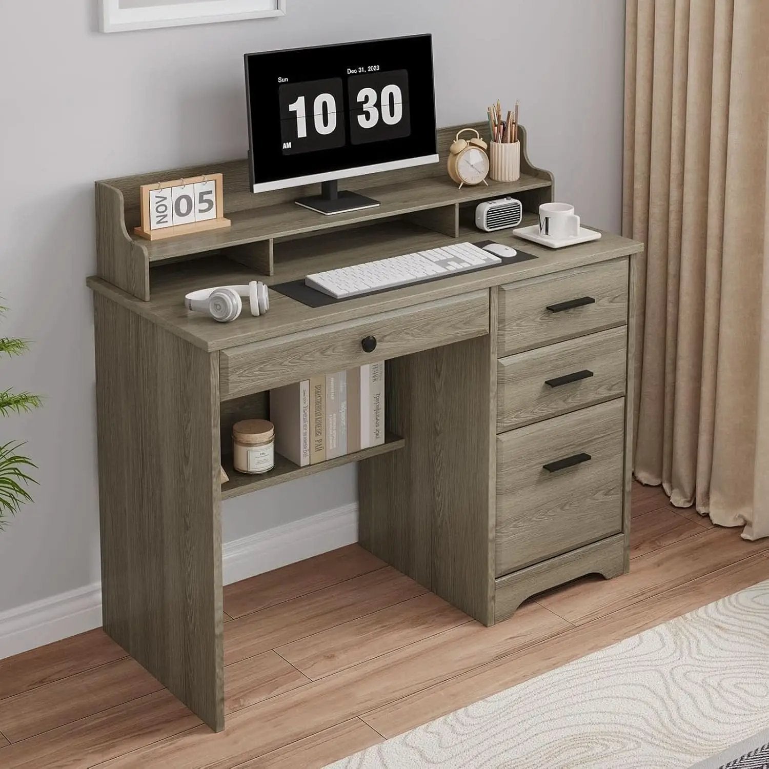 Grey Computer Desk With Drawers And Monitor Stand For Home Office from PriceLows™