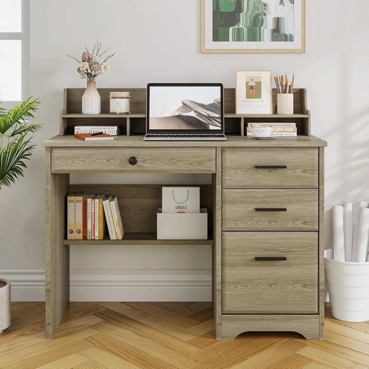 Grey Computer Desk With Drawers And Monitor Stand For Home Office from PriceLows™