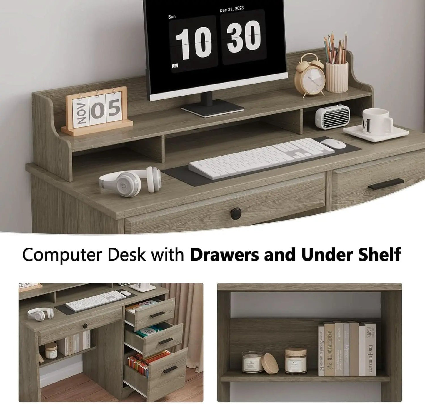 Grey Computer Desk With Drawers And Monitor Stand For Home Office from PriceLows™