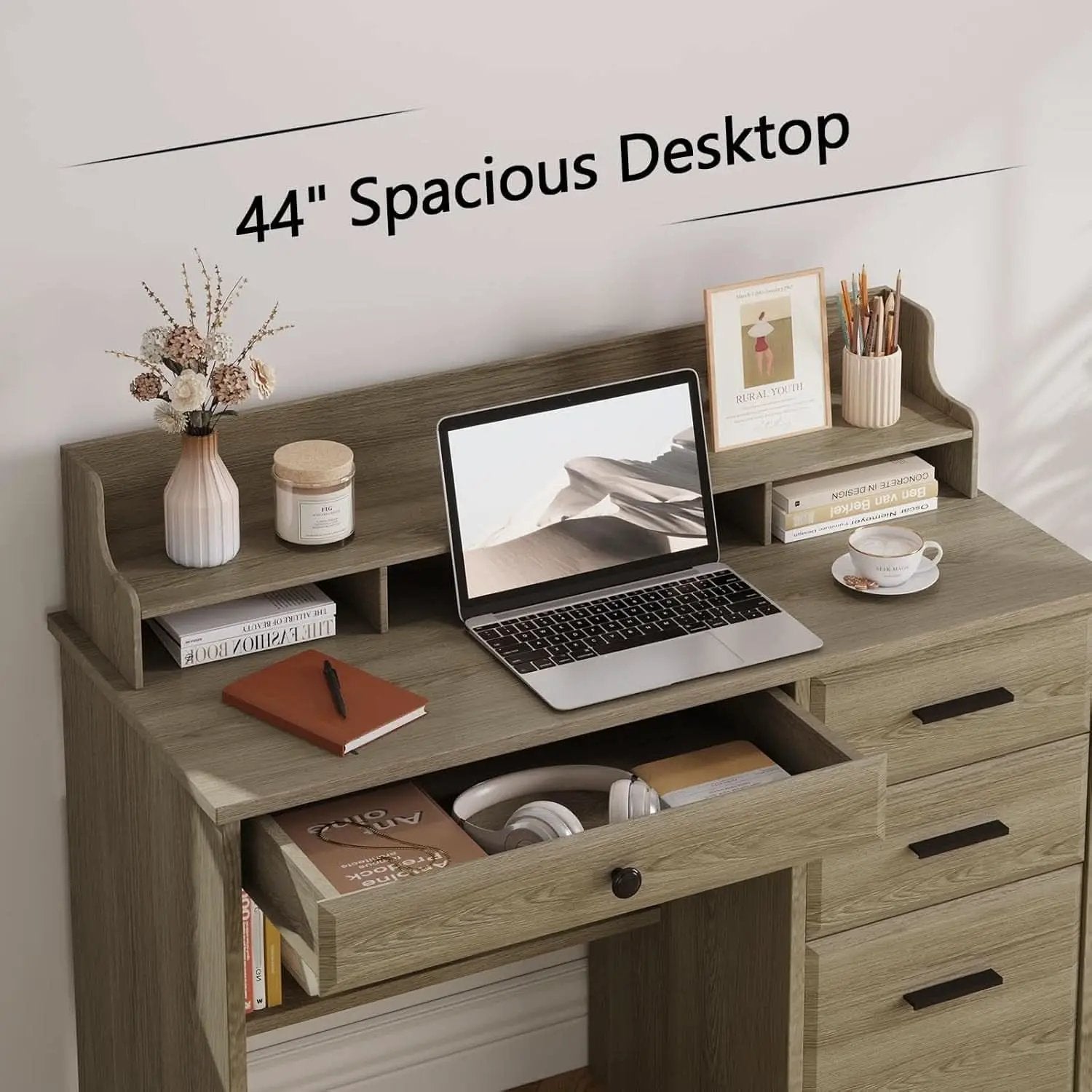 Grey Computer Desk With Drawers And Monitor Stand For Home Office from PriceLows™
