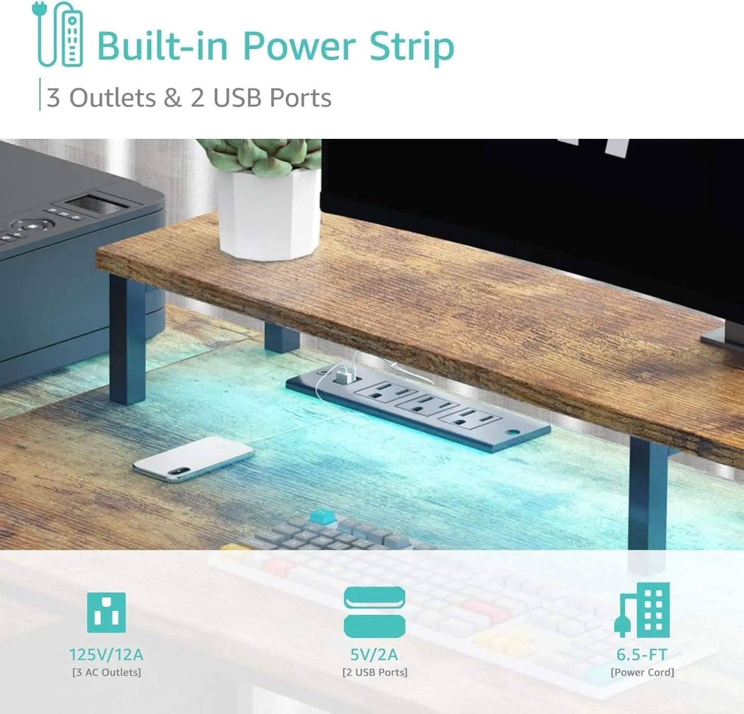 55 Inch Computer Desk With Power Outlets For Home Office from PriceLows™