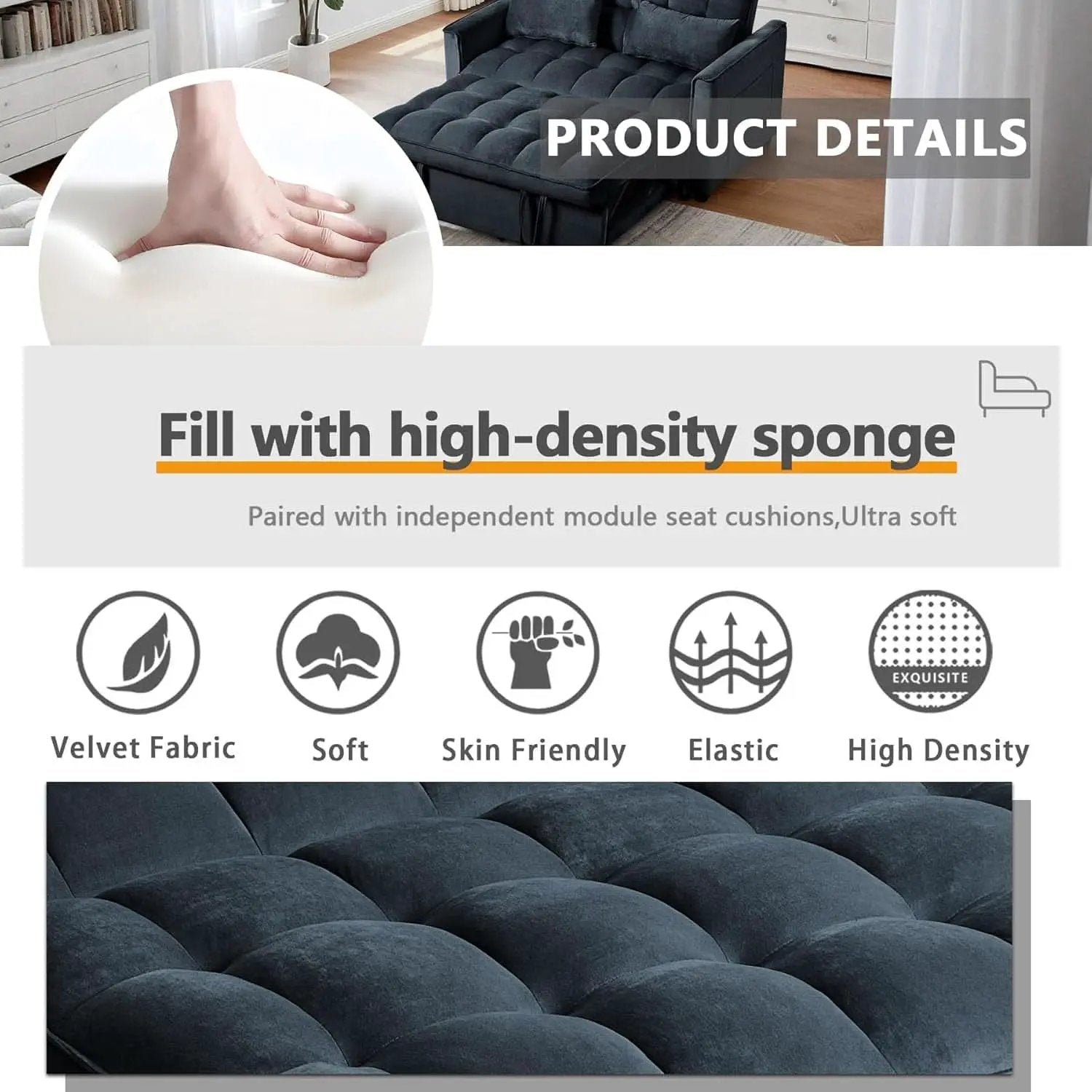 Convertible 3 in 1 Couch Bed with Adjustable Backrest from PriceLows™