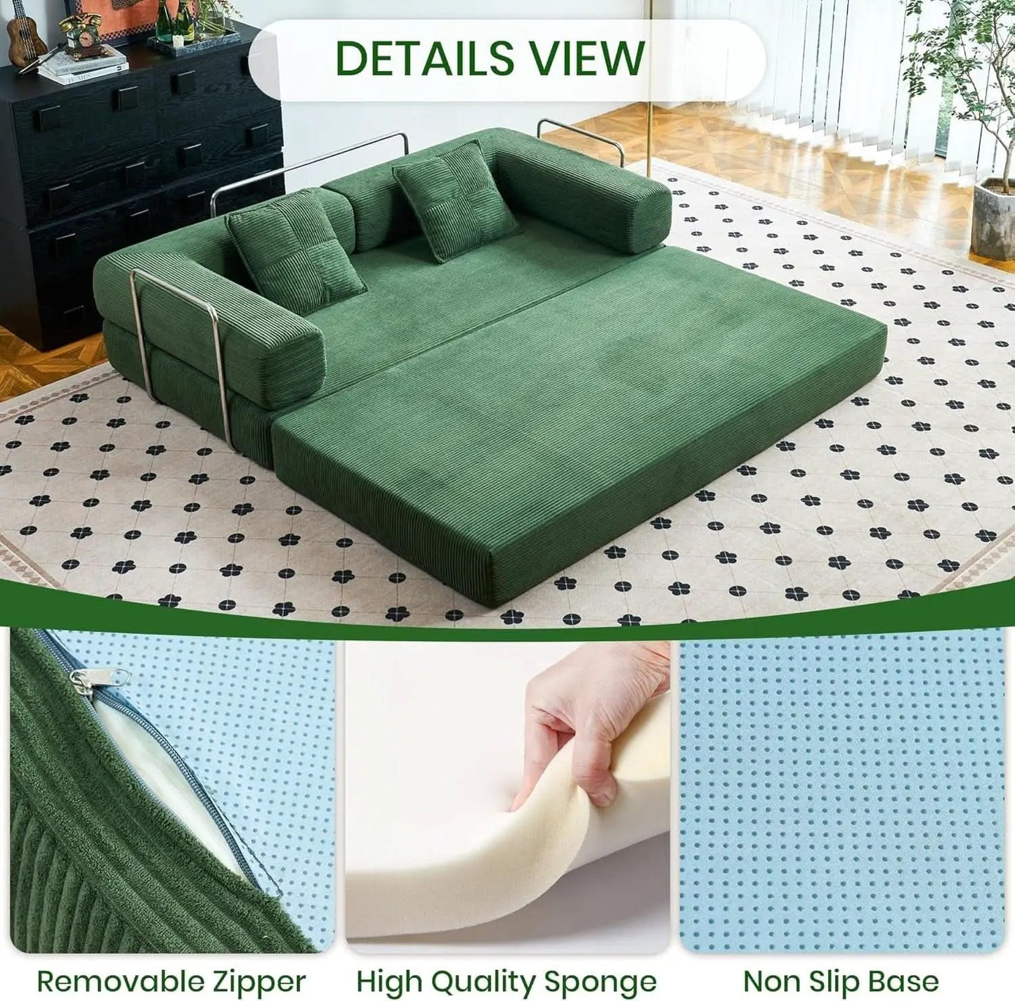 Convertible Floor Sofa Bed Comfy Corduroy Design Green from PriceLows™