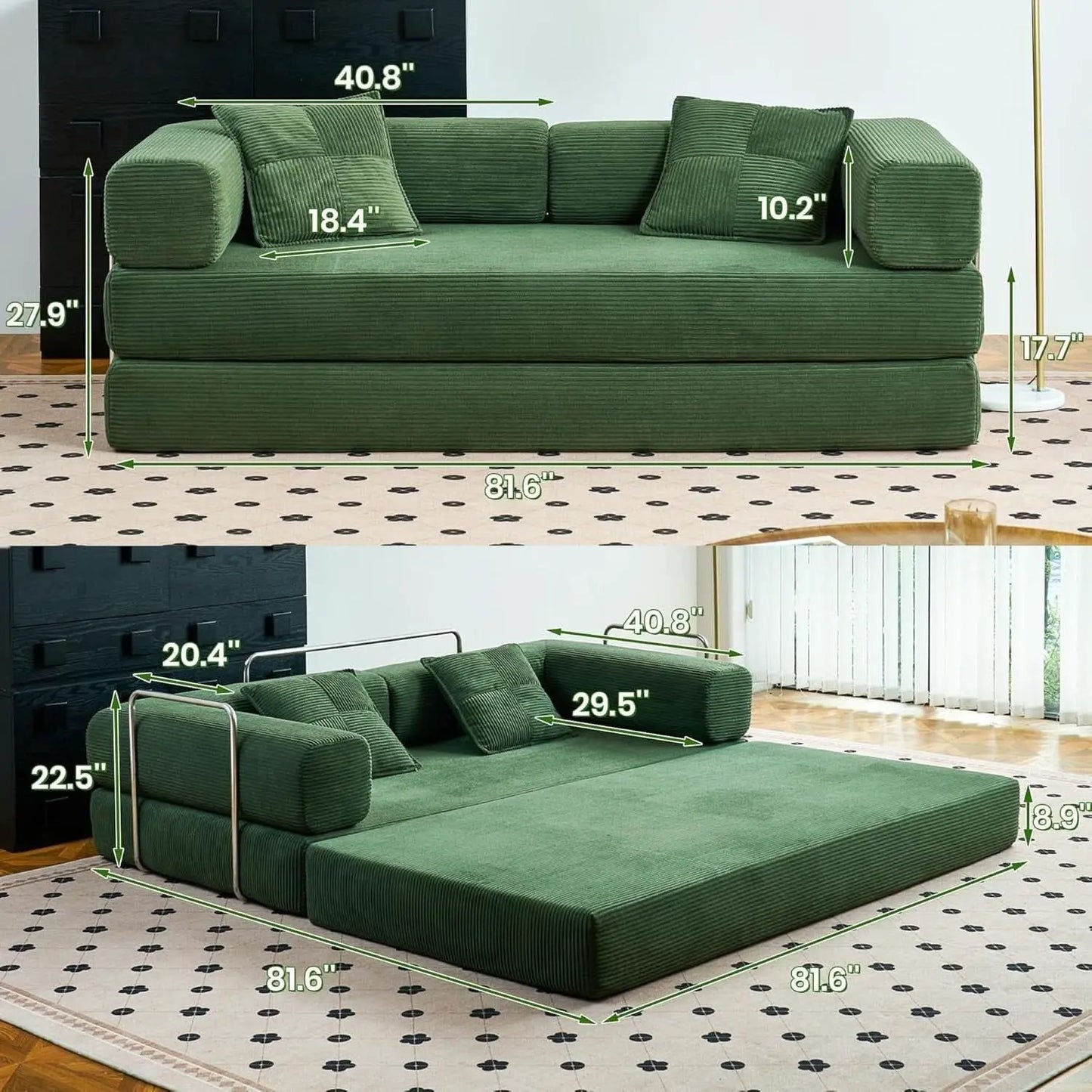 Convertible Floor Sofa Bed Comfy Corduroy Design Green from PriceLows™