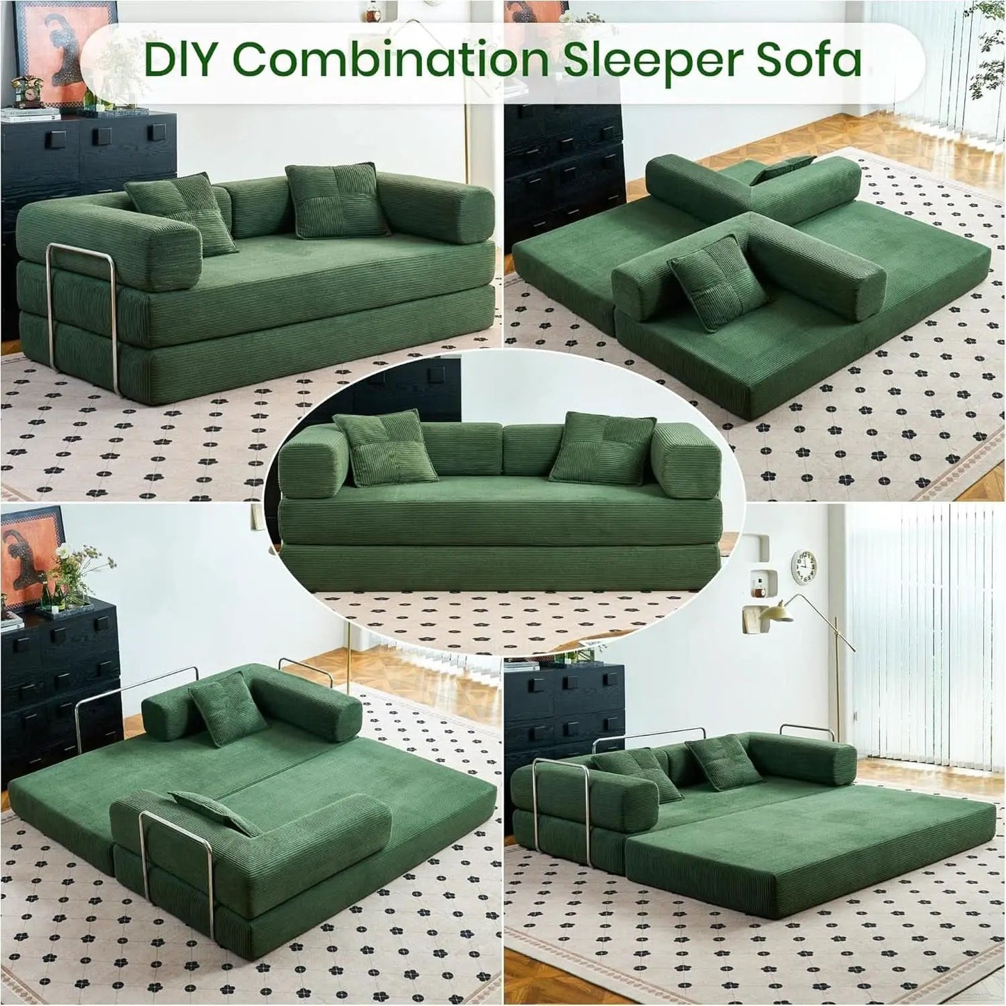 Convertible Floor Sofa Bed Comfy Corduroy Design Green from PriceLows™