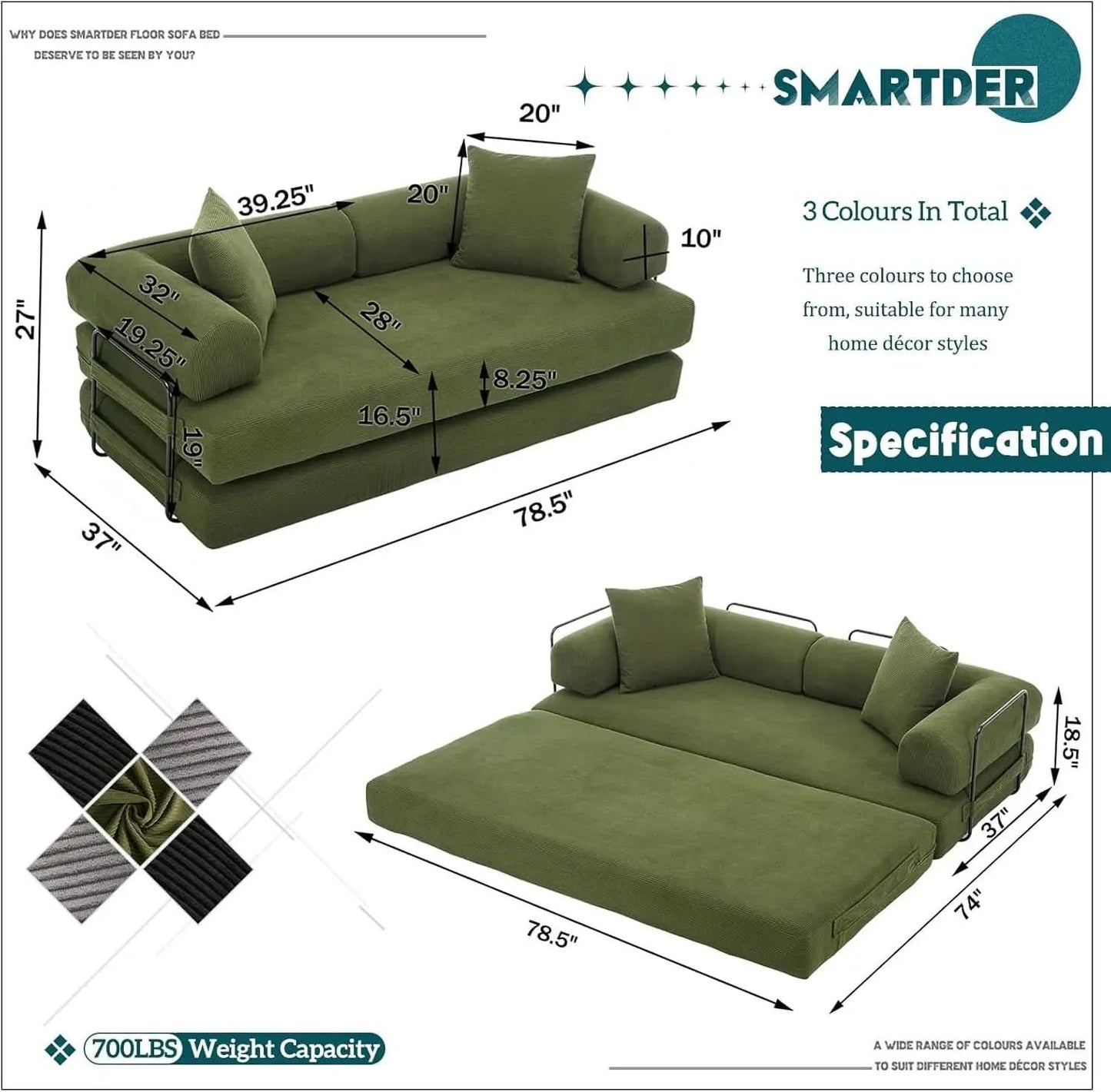 Convertible Folding Sofa Bed with Removable Backrest from PriceLows™