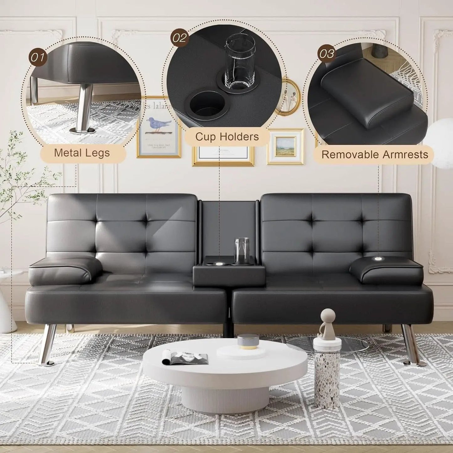 Convertible Futon Sofa Bed with Adjustable Backrest and Cup Holders from PriceLows™