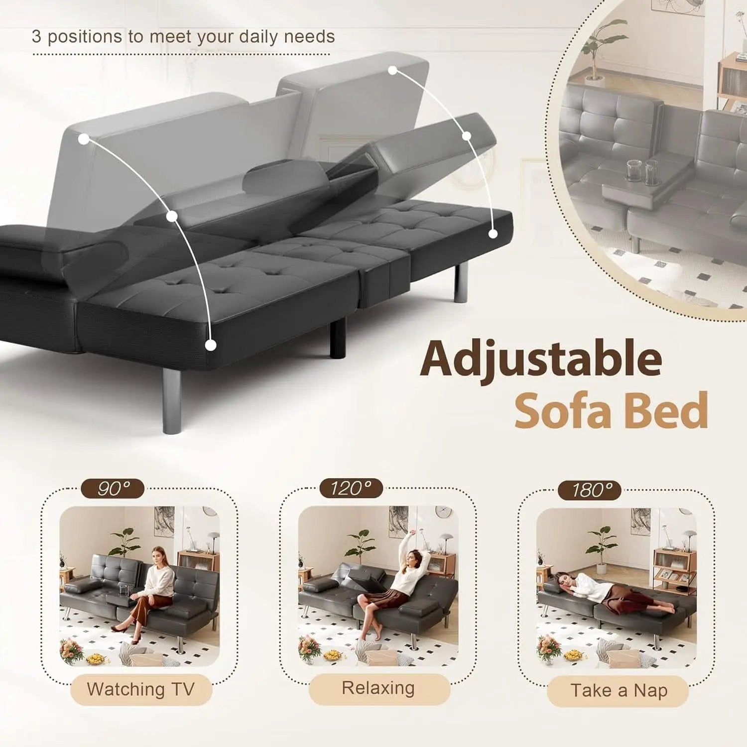 Convertible Futon Sofa Bed with Adjustable Backrest and Cup Holders from PriceLows™