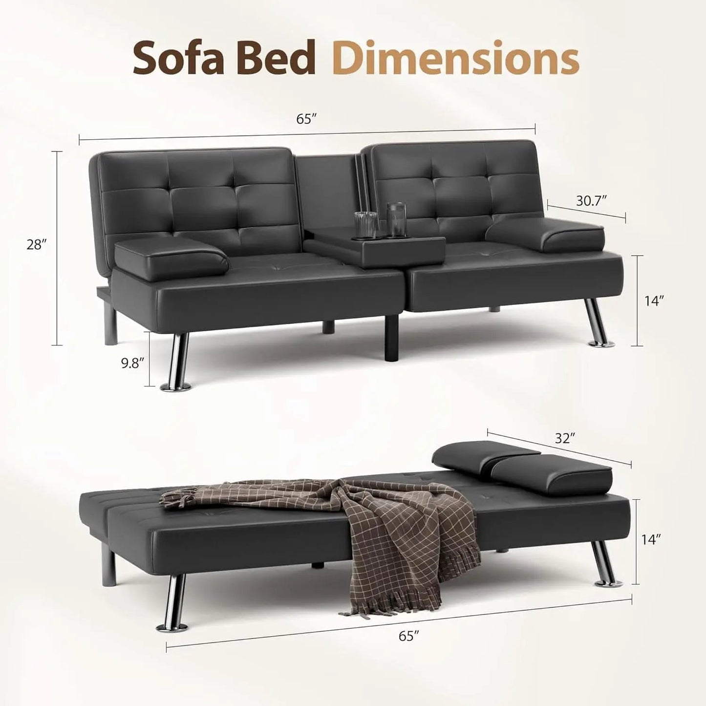 Convertible Futon Sofa Bed with Adjustable Backrest and Cup Holders from PriceLows™