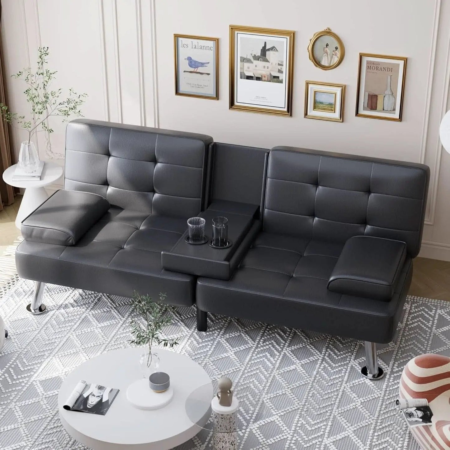 Convertible Futon Sofa Bed with Adjustable Backrest and Cup Holders from PriceLows™