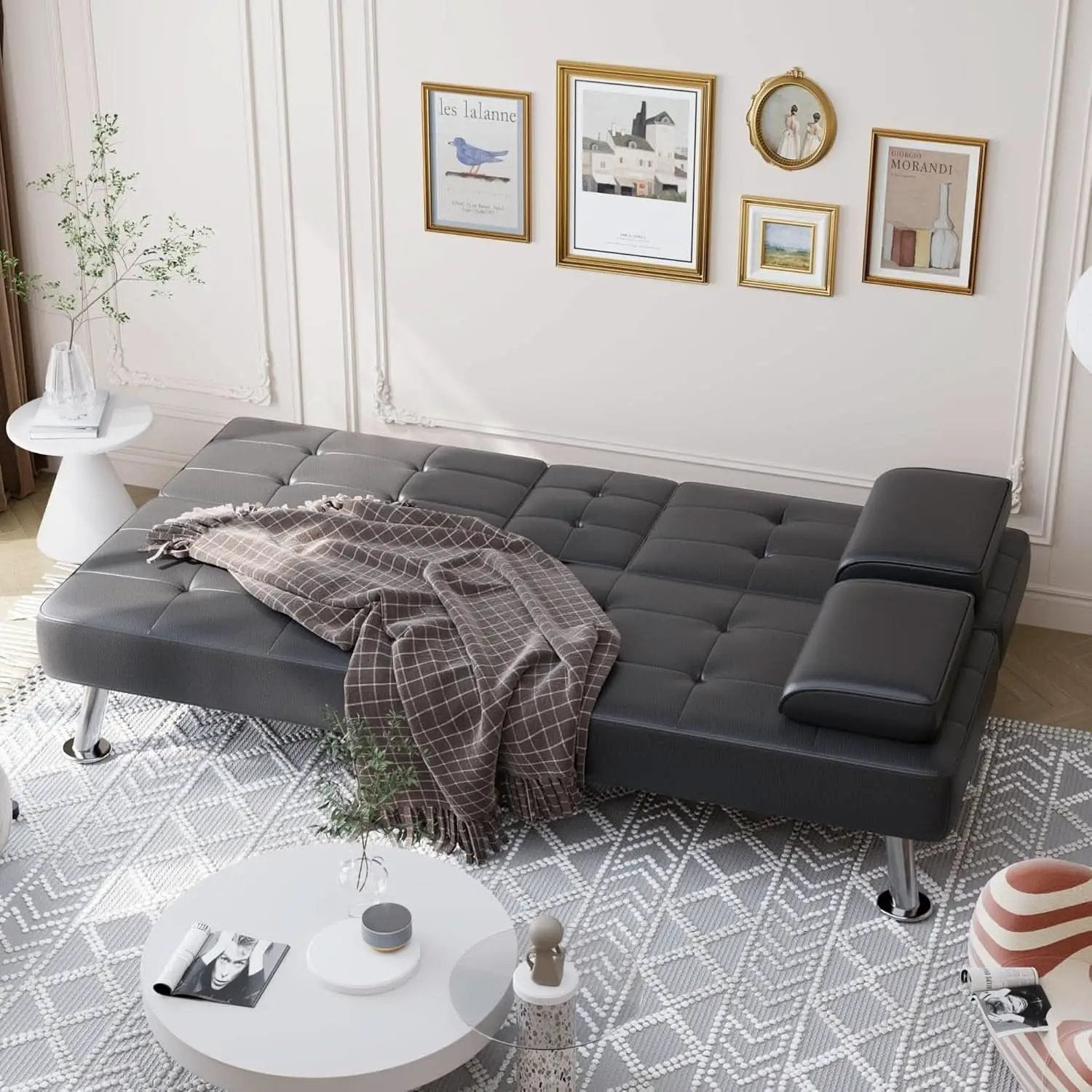 Convertible Futon Sofa Bed with Adjustable Backrest and Cup Holders from PriceLows™