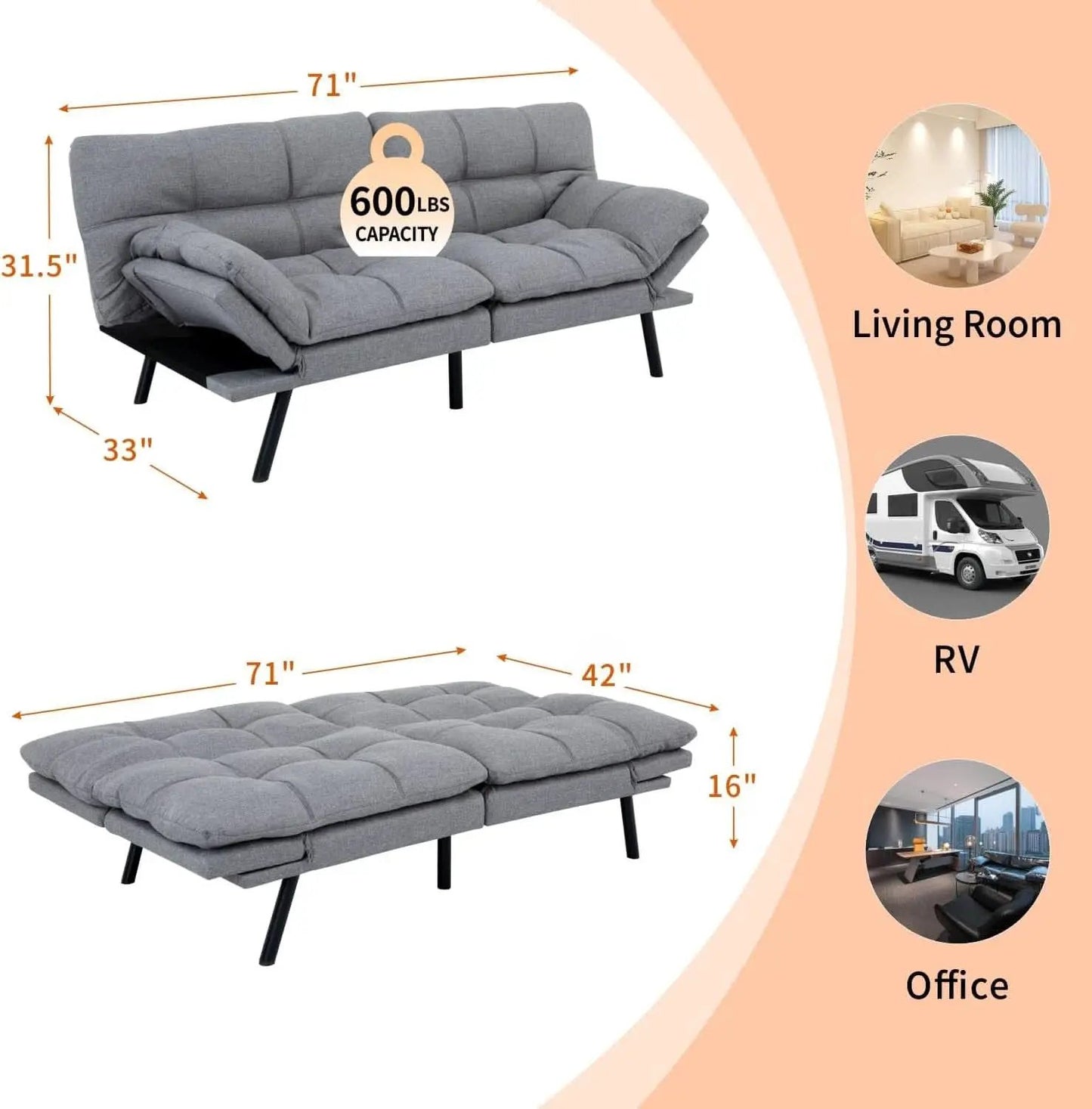 Convertible Futon Sofa Bed with Adjustable Backrest Comfort from PriceLows™