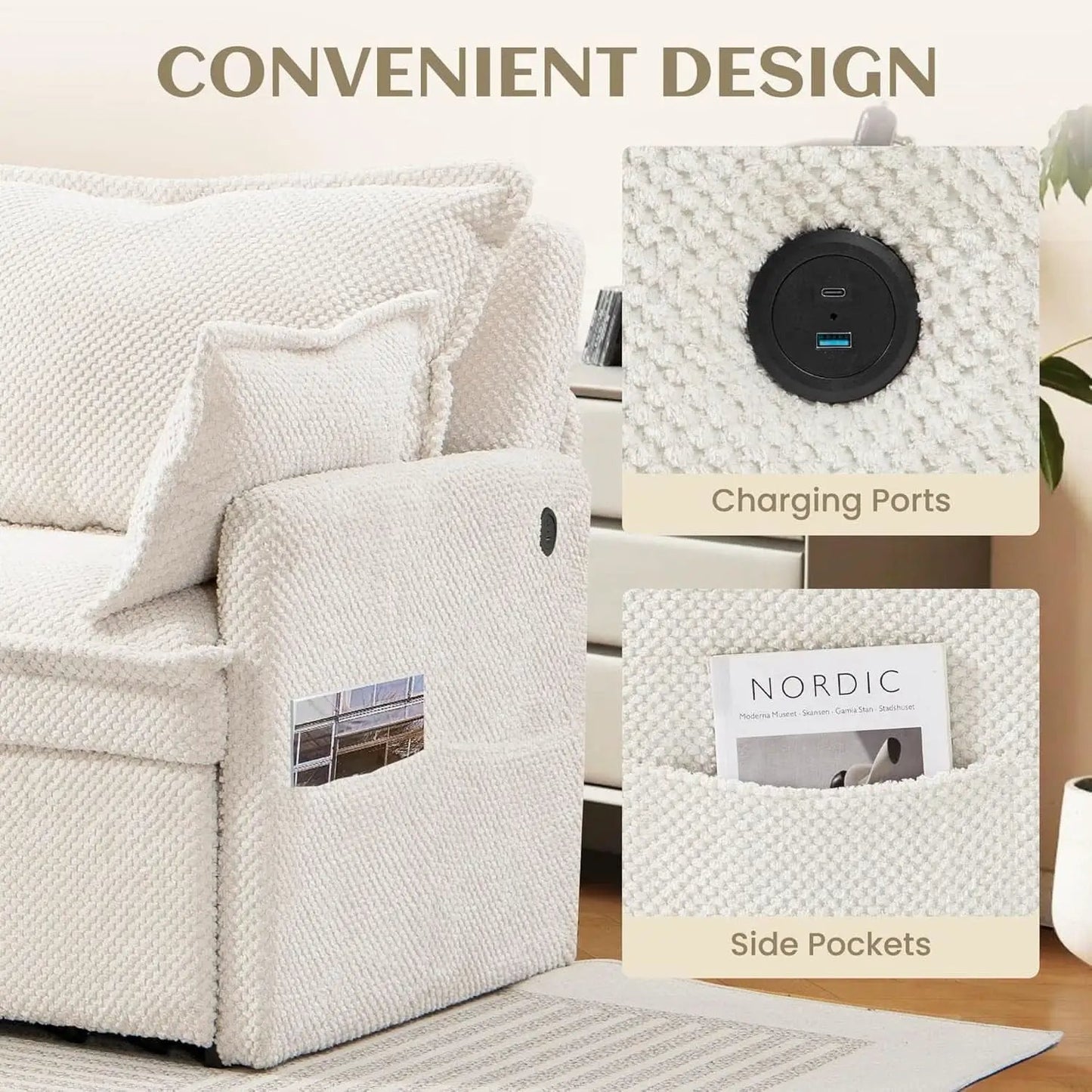 Convertible King Sofa Bed with USB Charging and Pockets from PriceLows™