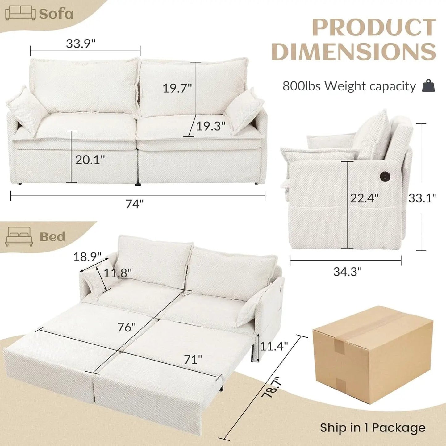 Convertible King Sofa Bed with USB Charging and Pockets from PriceLows™