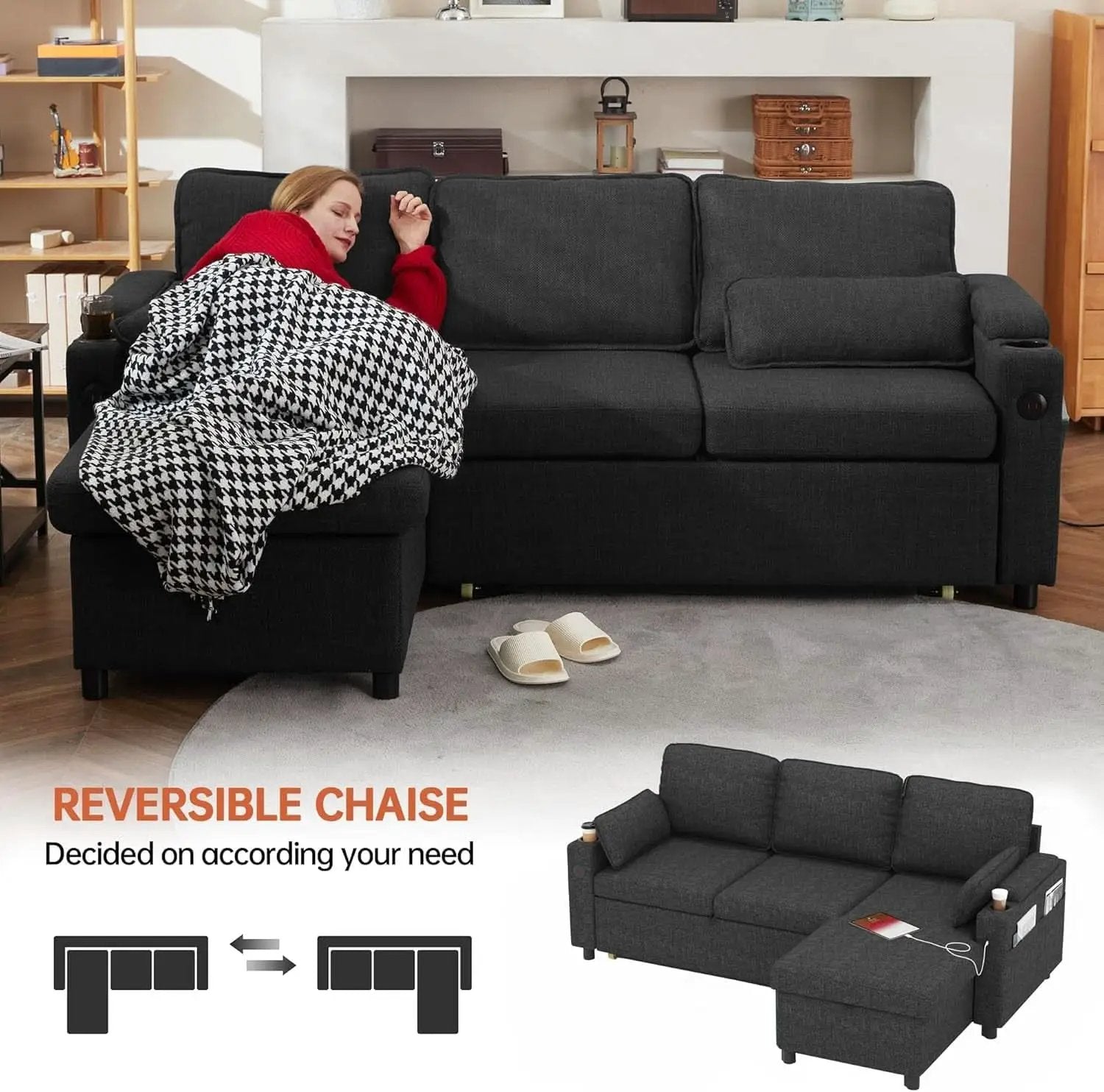 Convertible L-Shaped Sofa Bed with Storage and USB from PriceLows™