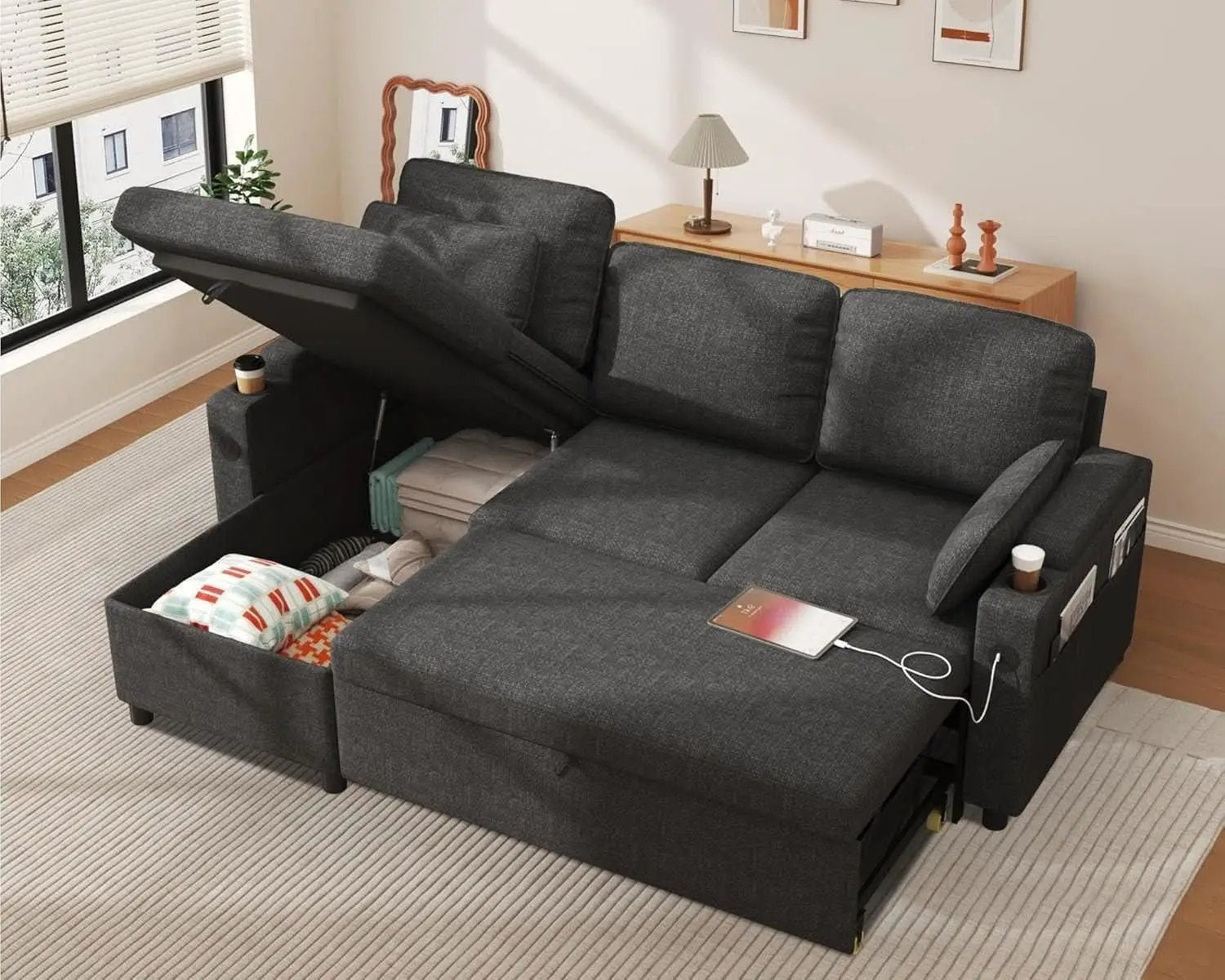 Convertible L-Shaped Sofa Bed with Storage and USB from PriceLows™