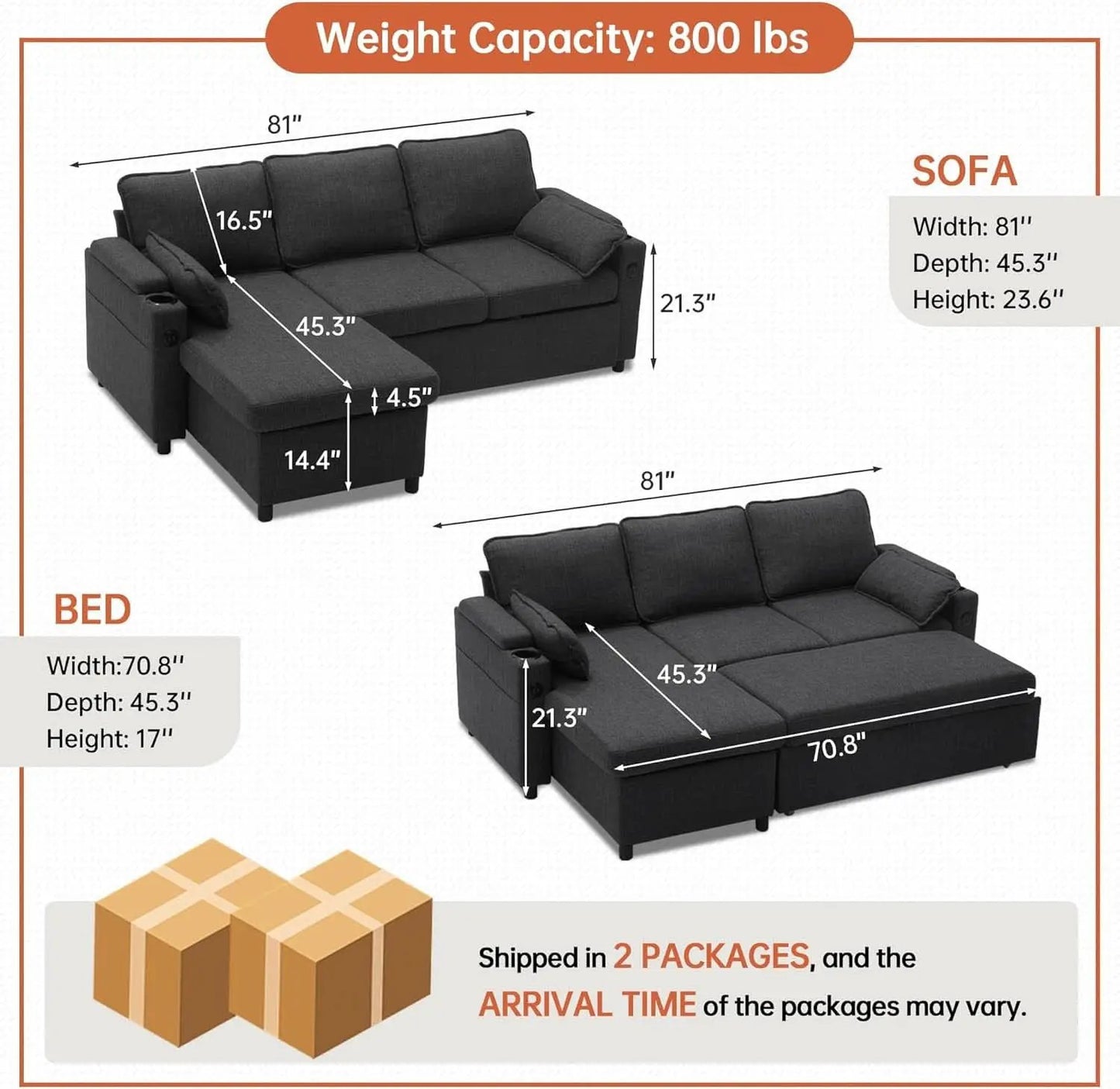 Convertible L-Shaped Sofa Bed with Storage and USB from PriceLows™