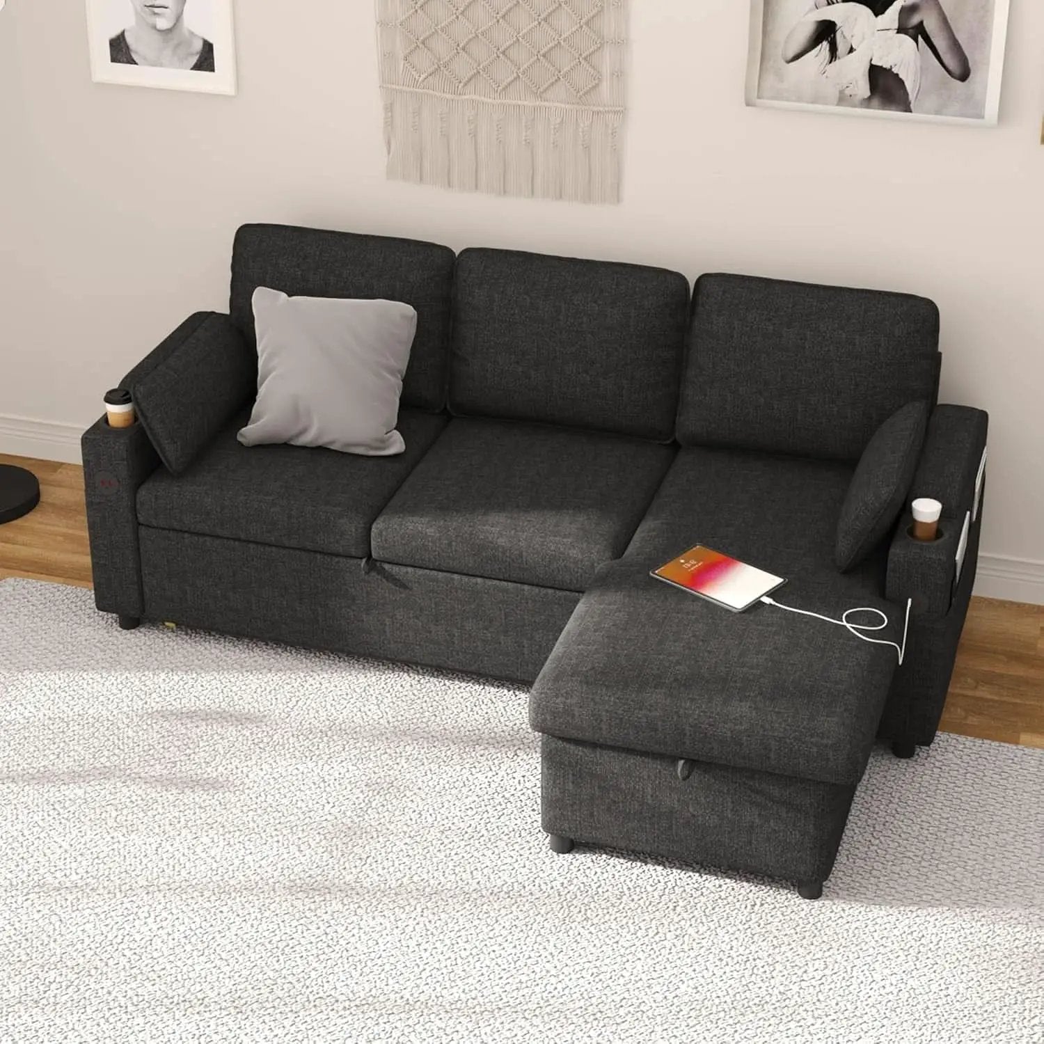 Convertible L-Shaped Sofa Bed with Storage and USB from PriceLows™