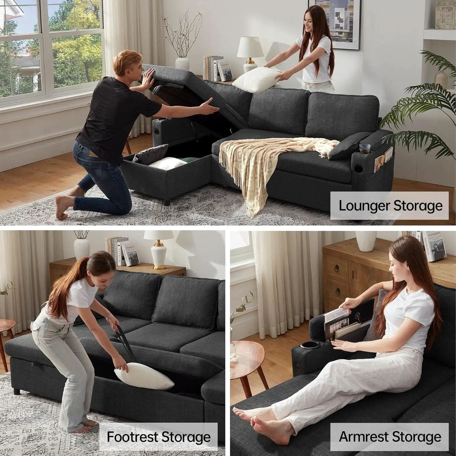 Convertible L-Shaped Sofa Bed with Storage and USB from PriceLows™