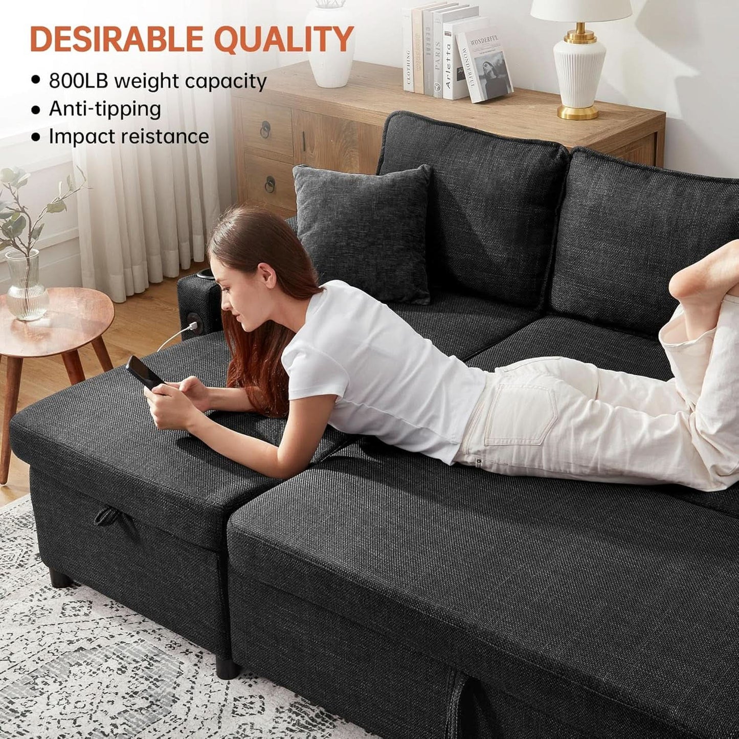 Convertible L-Shaped Sofa Bed with Storage and USB from PriceLows™