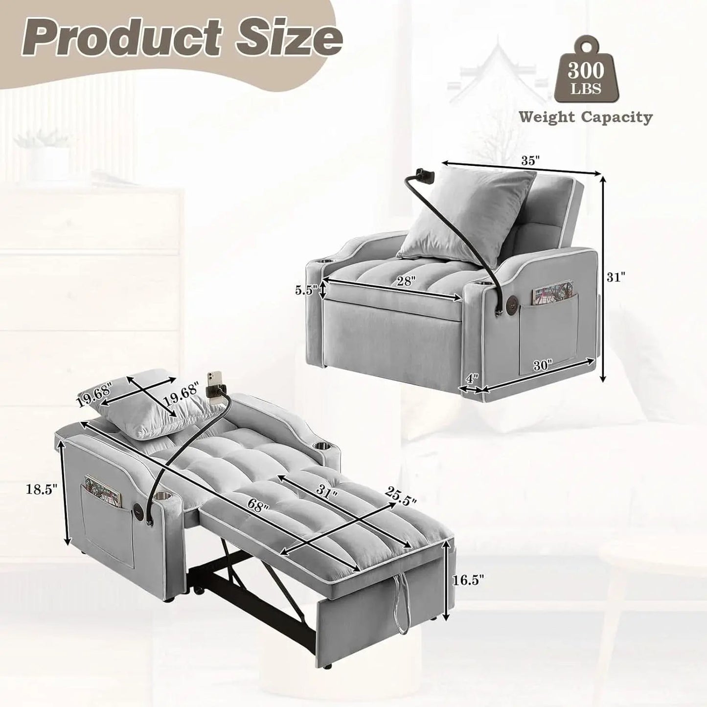 Convertible Sleeper Chair Bed with USB Ports and Holder from PriceLows™