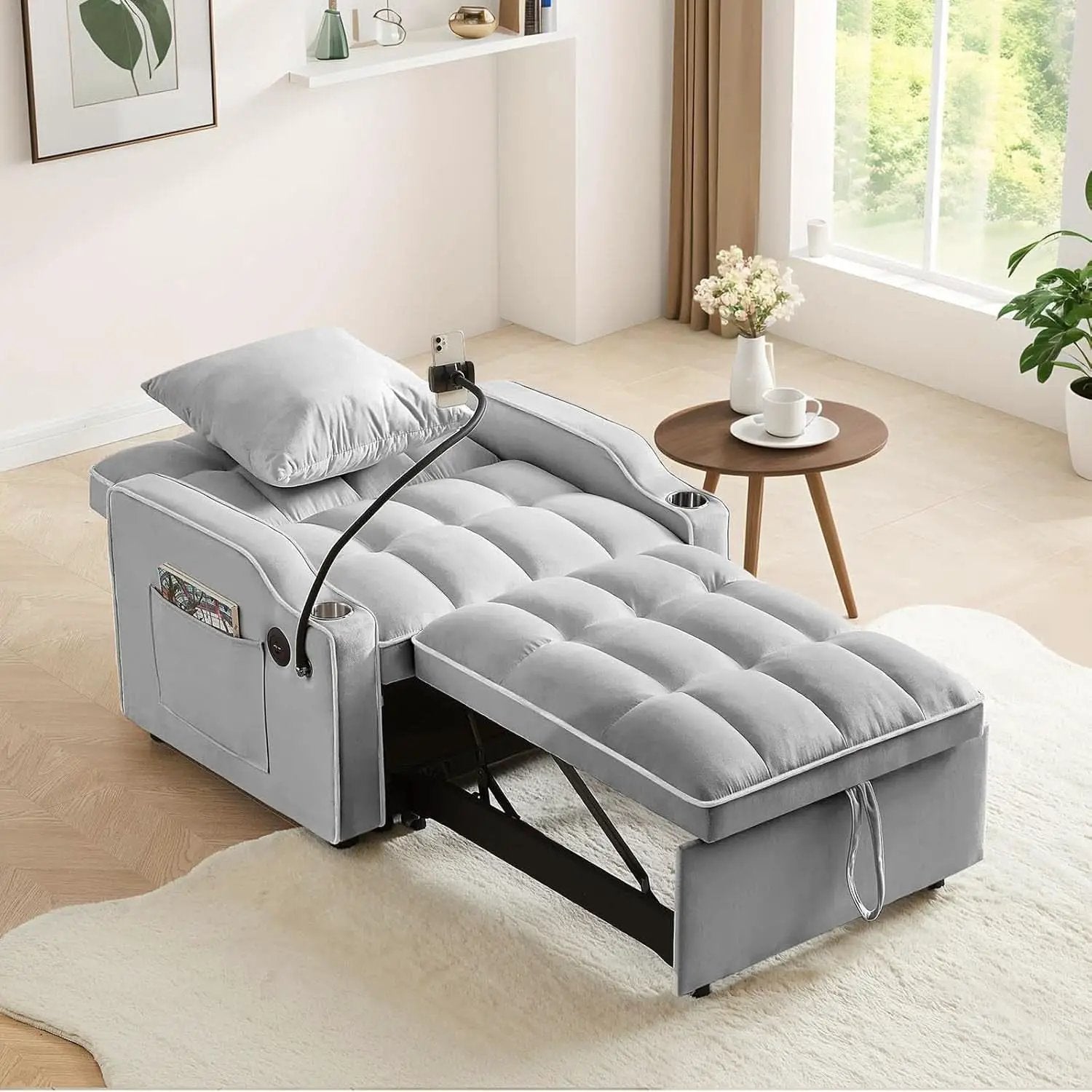 Convertible Sleeper Chair Bed with USB Ports and Holder from PriceLows™