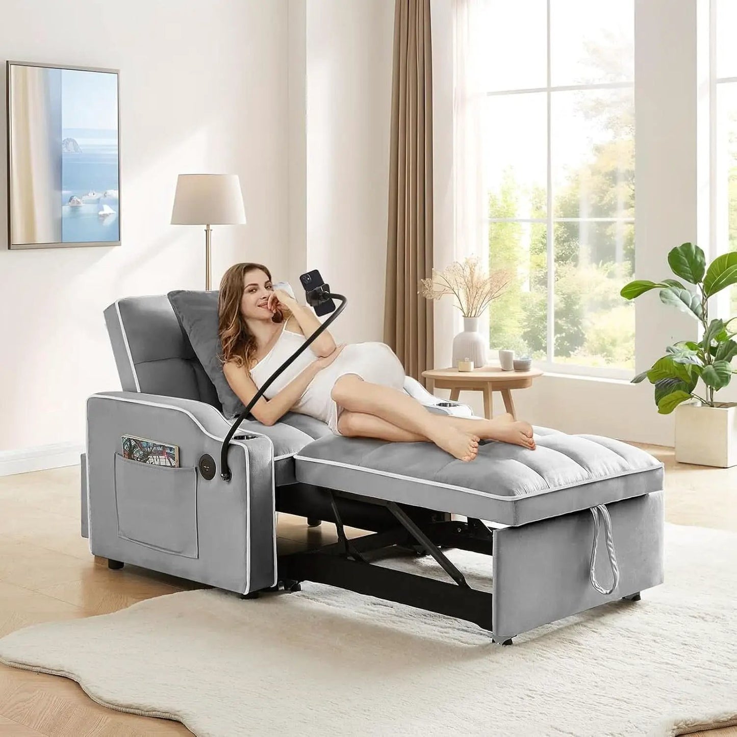 Convertible Sleeper Chair Bed with USB Ports and Holder from PriceLows™