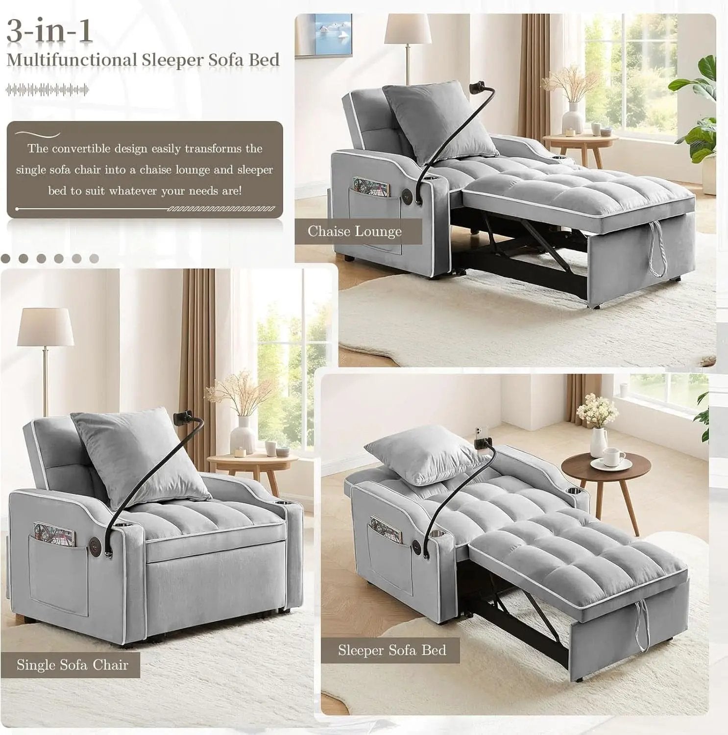 Convertible Sleeper Chair Bed with USB Ports and Holder from PriceLows™