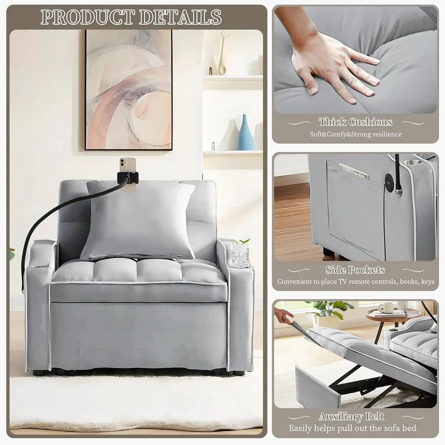 Convertible Sleeper Chair Bed with USB Ports and Holder from PriceLows™