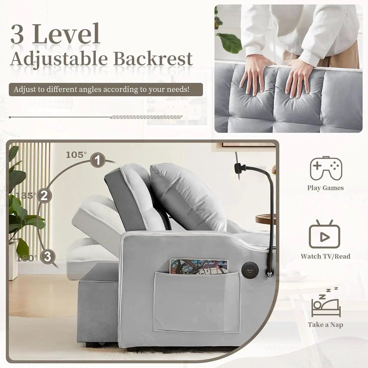 Convertible Sleeper Chair Bed with USB Ports and Holder from PriceLows™