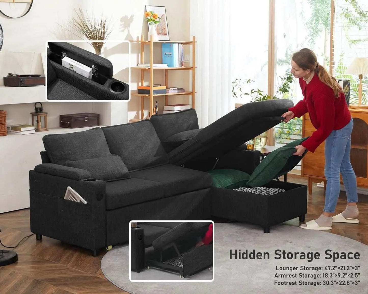 Convertible Sofa Bed with Storage and Cup Holder from PriceLows™