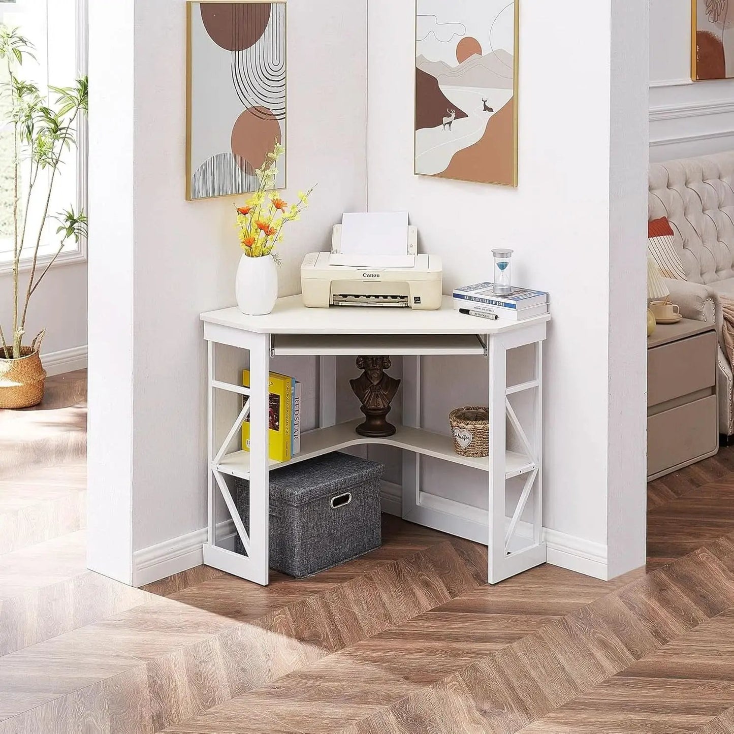 Corner Computer Desk with Keyboard Tray and Storage Shelves from PriceLows™